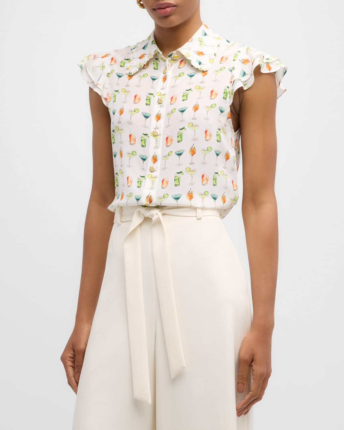 Shop Alice And Olivia Martel Flutter-sleeve Crepe De Chine Blouse In Sweet On You Off White