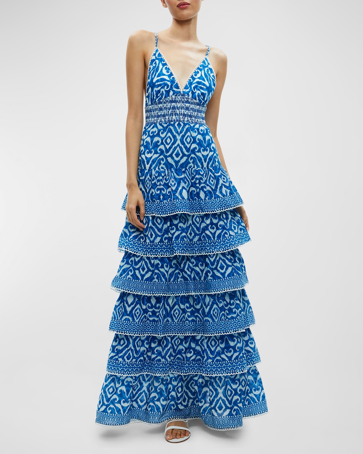 Shop Alice And Olivia Imogene Tiered Maxi Dress In Artisan Ikat French Blue