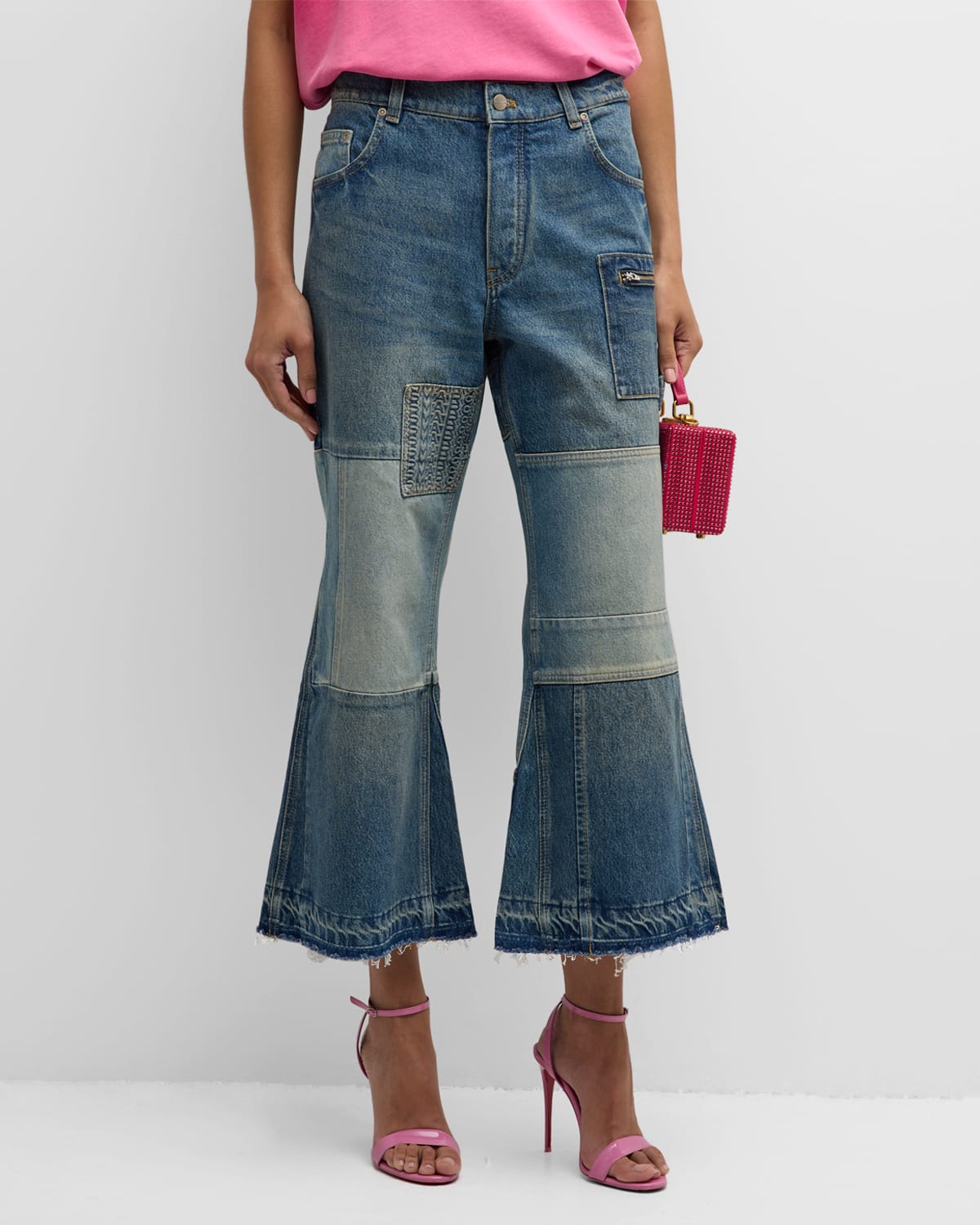Shop Marc Jacobs Mid-rise Patchwork Cropped Flare Carpenter Jeans In Indigo Multi