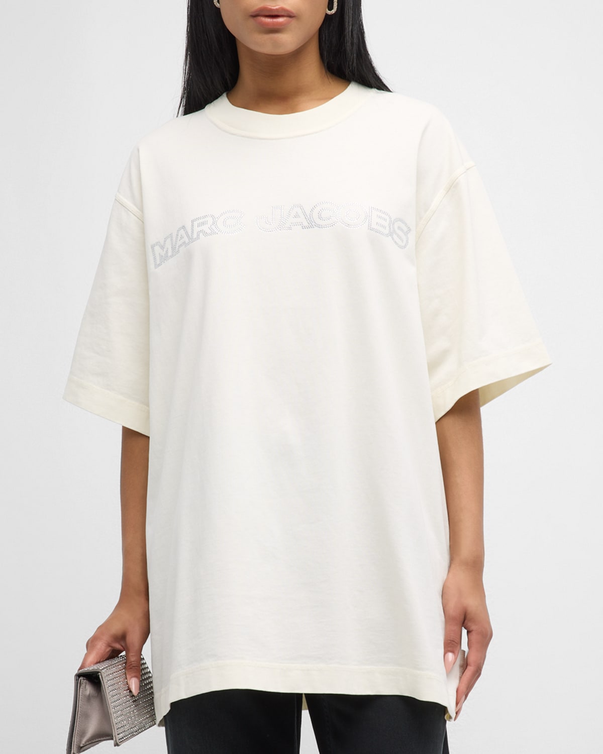 Marc Jacobs Crystal Logo Short-sleeve Oversized T-shirt In Steel Grey