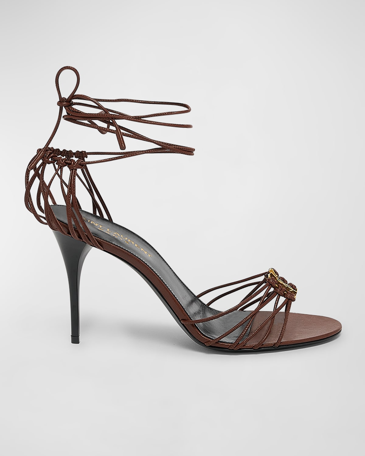 Shop Saint Laurent Babylone Strappy Ysl Ankle-tie Sandals In Cigare