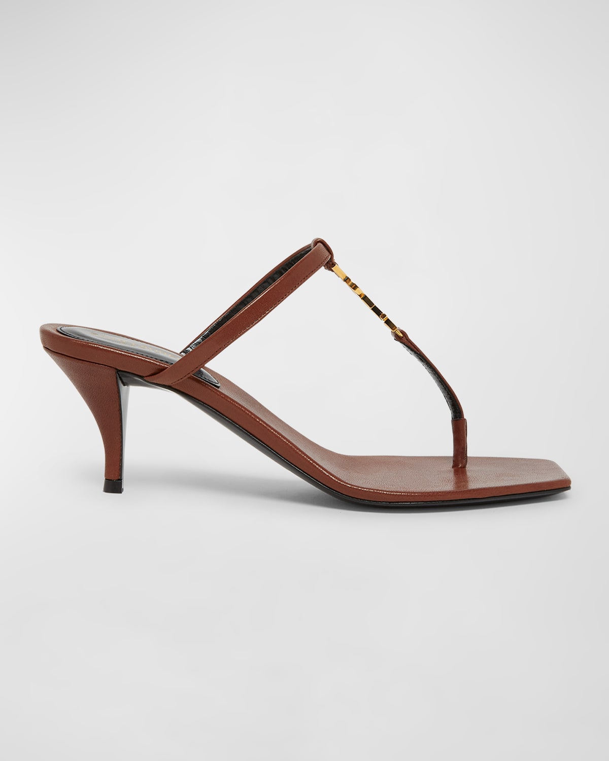 Shop Saint Laurent Cassandra Leather Ysl Thong Mule Sandals In Cigare