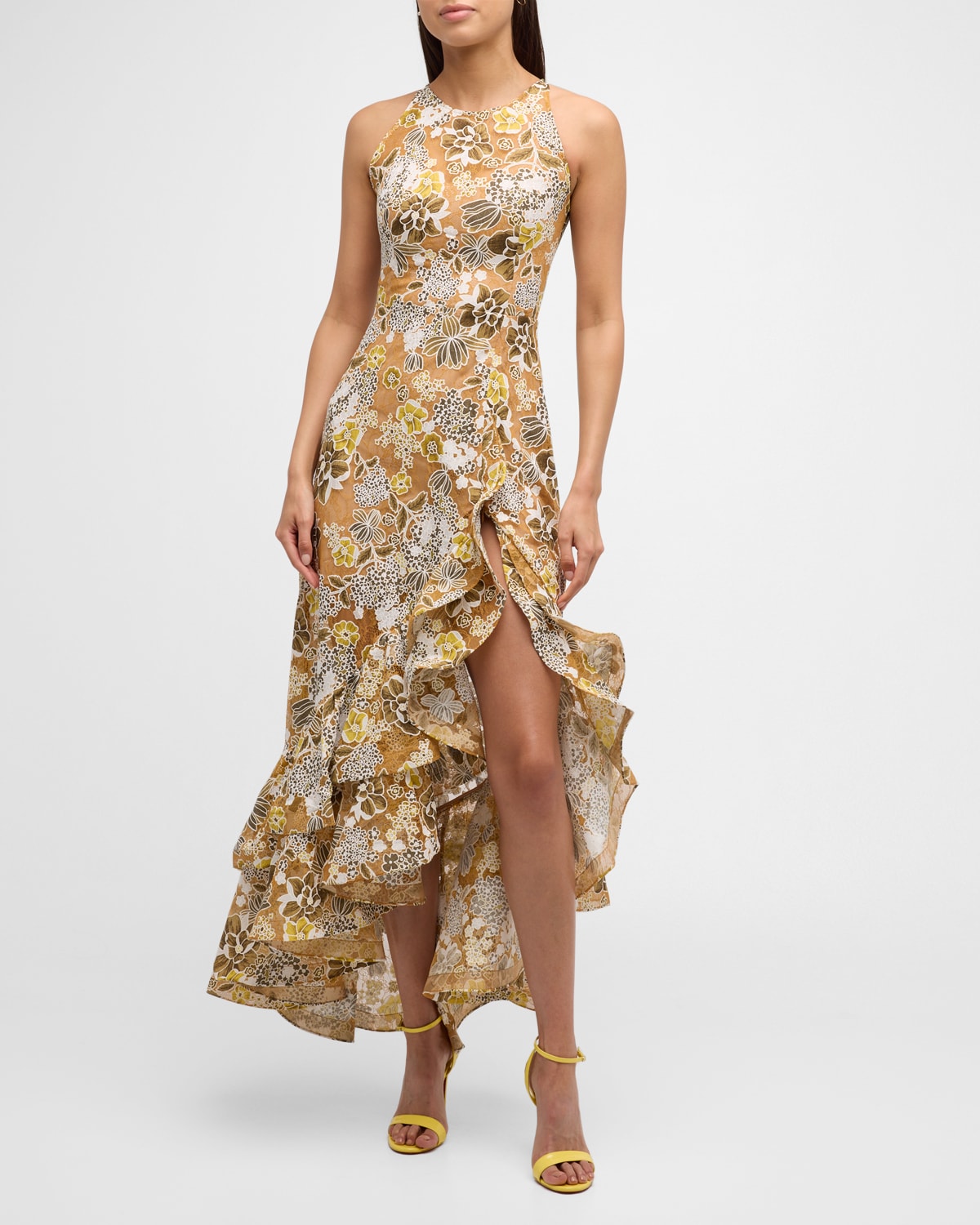 Bronx And Banco Sicilia High-low Ruffle Floral Lace Gown In Multi