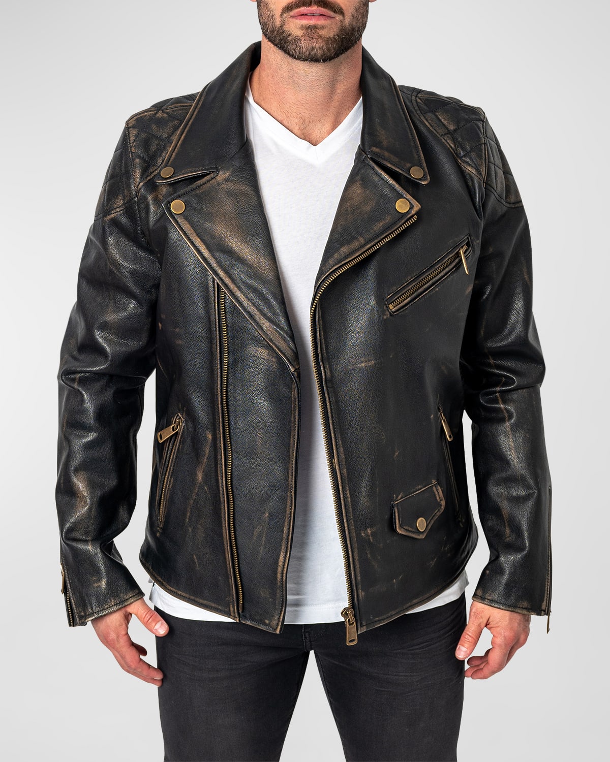 Shop Maceoo Men's Destroyed Leather Moto Jacket In Brown