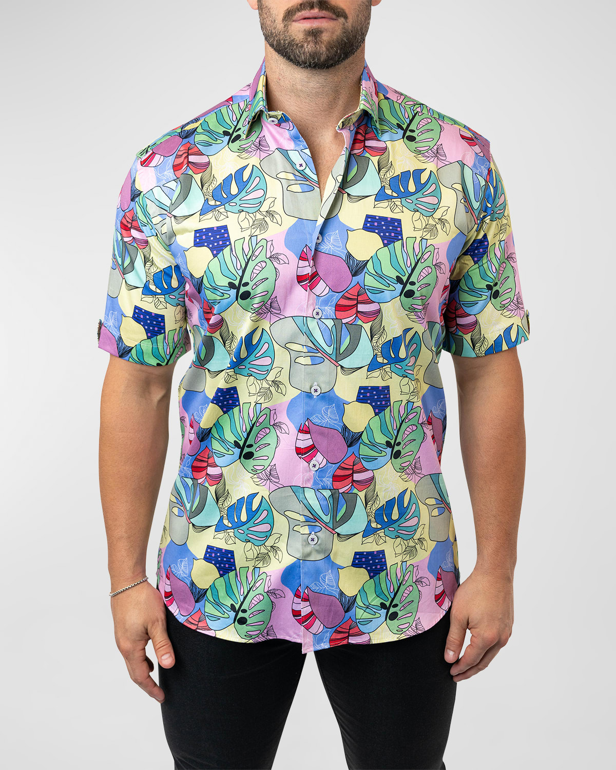 Maceoo Galileo Sidney Multi Contemporary Fit Short Sleeve Button-up Shirt In Yellow