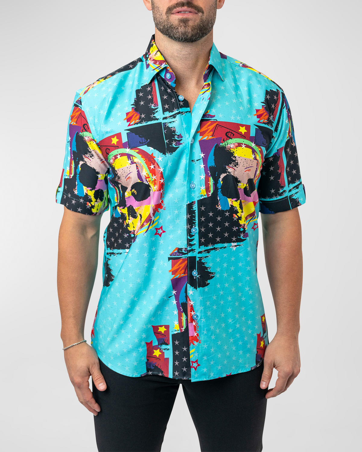 Maceoo Galileo Skullstar Blue Short Sleeve Button-up Shirt In Blue