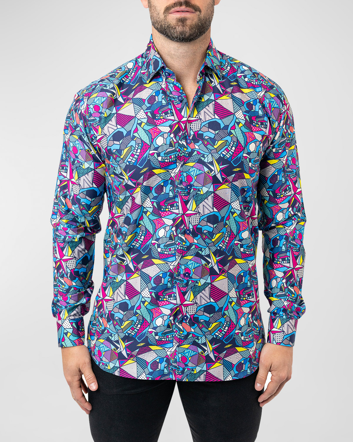 Maceoo Fibonacci Abstract Skull Cotton Button-up Shirt In Blue