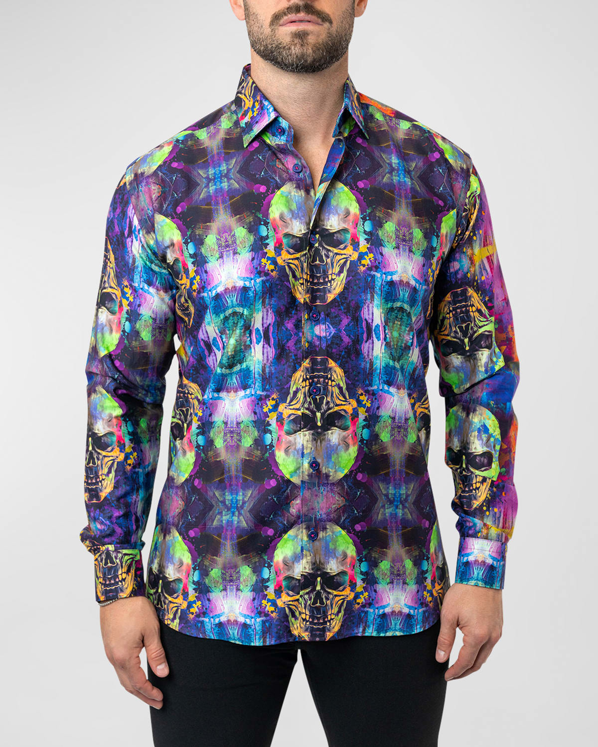 Shop Maceoo Men's Fibonacci Skull Glow Dress Shirt In Purple