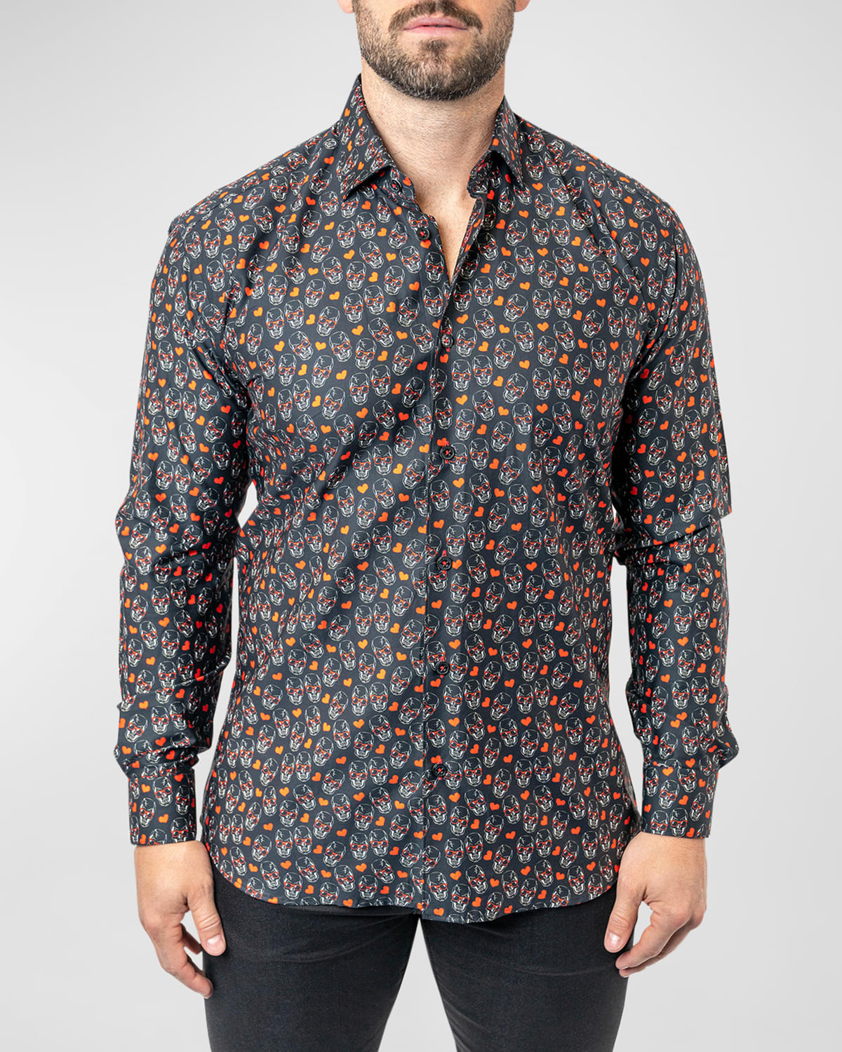 Maceoo Fibonacci Skull Heart Contemporary Fit Button-up Shirt In Black