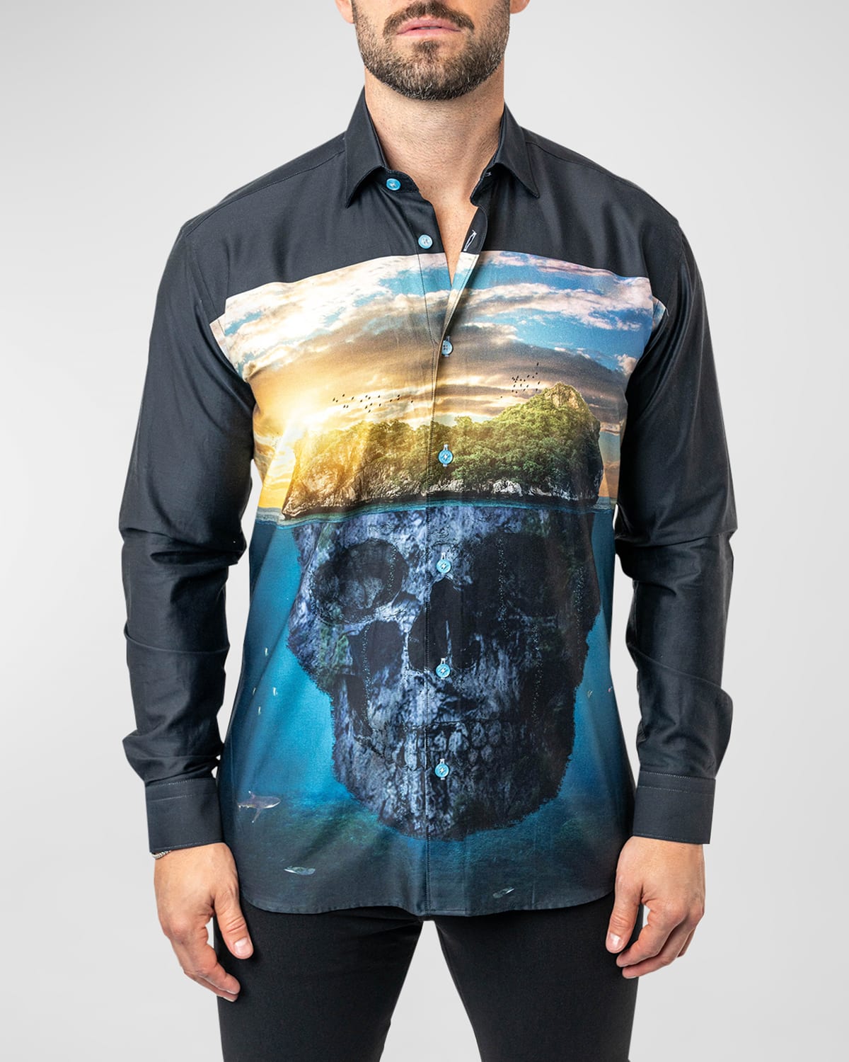 Shop Maceoo Men's Fibonacci Skull Island Dress Shirt In Black