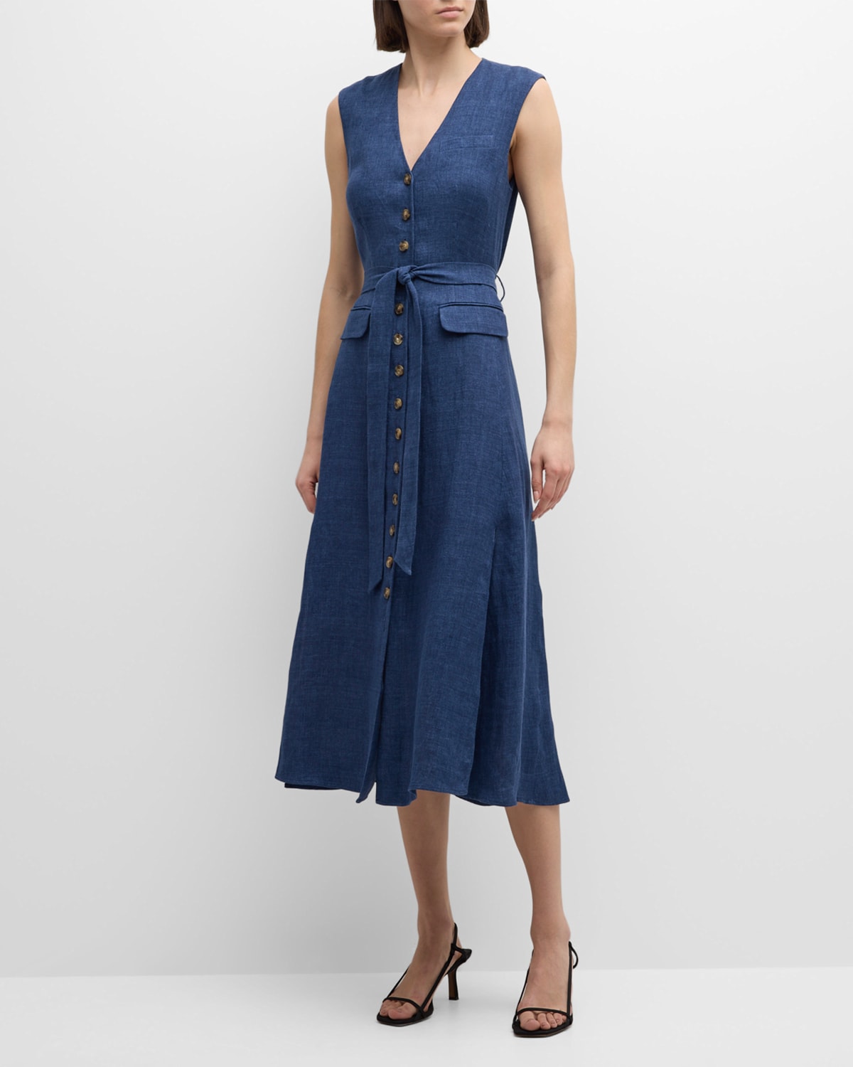 Argent Button-down Linen-denim Midi Vest Dress In Blue