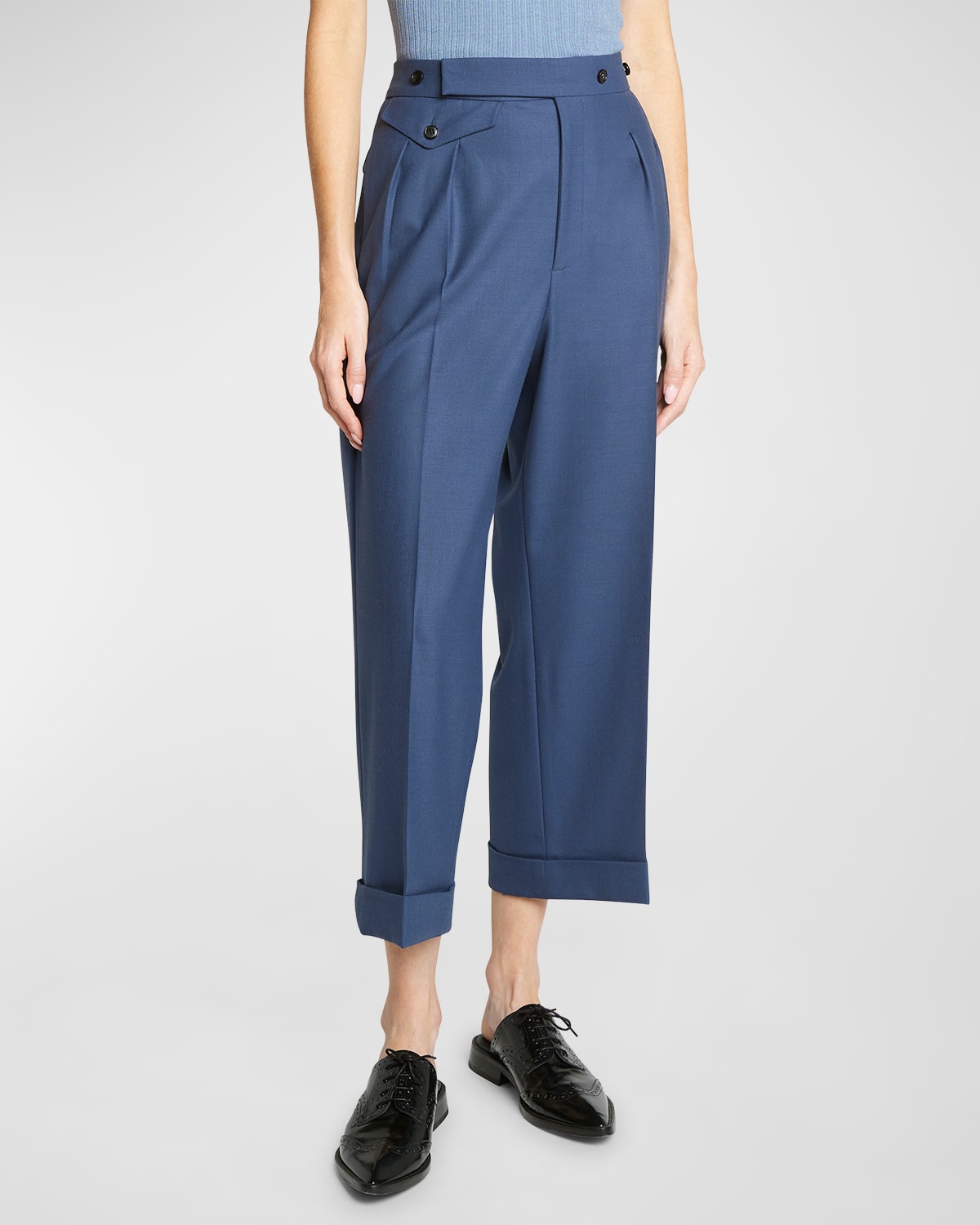 Shop Victoria Beckham Mid-rise Double-pleated Wide-leg Crop Trousers In Heritage Blue