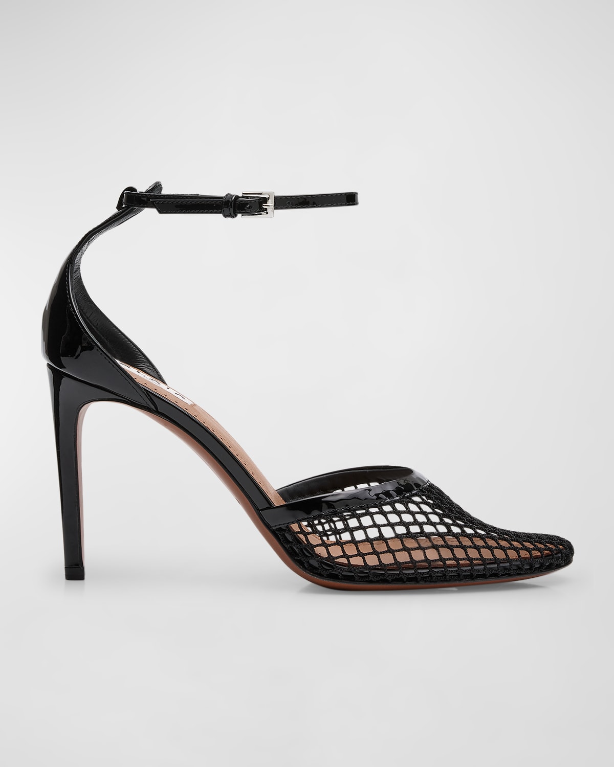 Shop Alaïa Fishnet Patent Ankle-strap Pumps In Noir