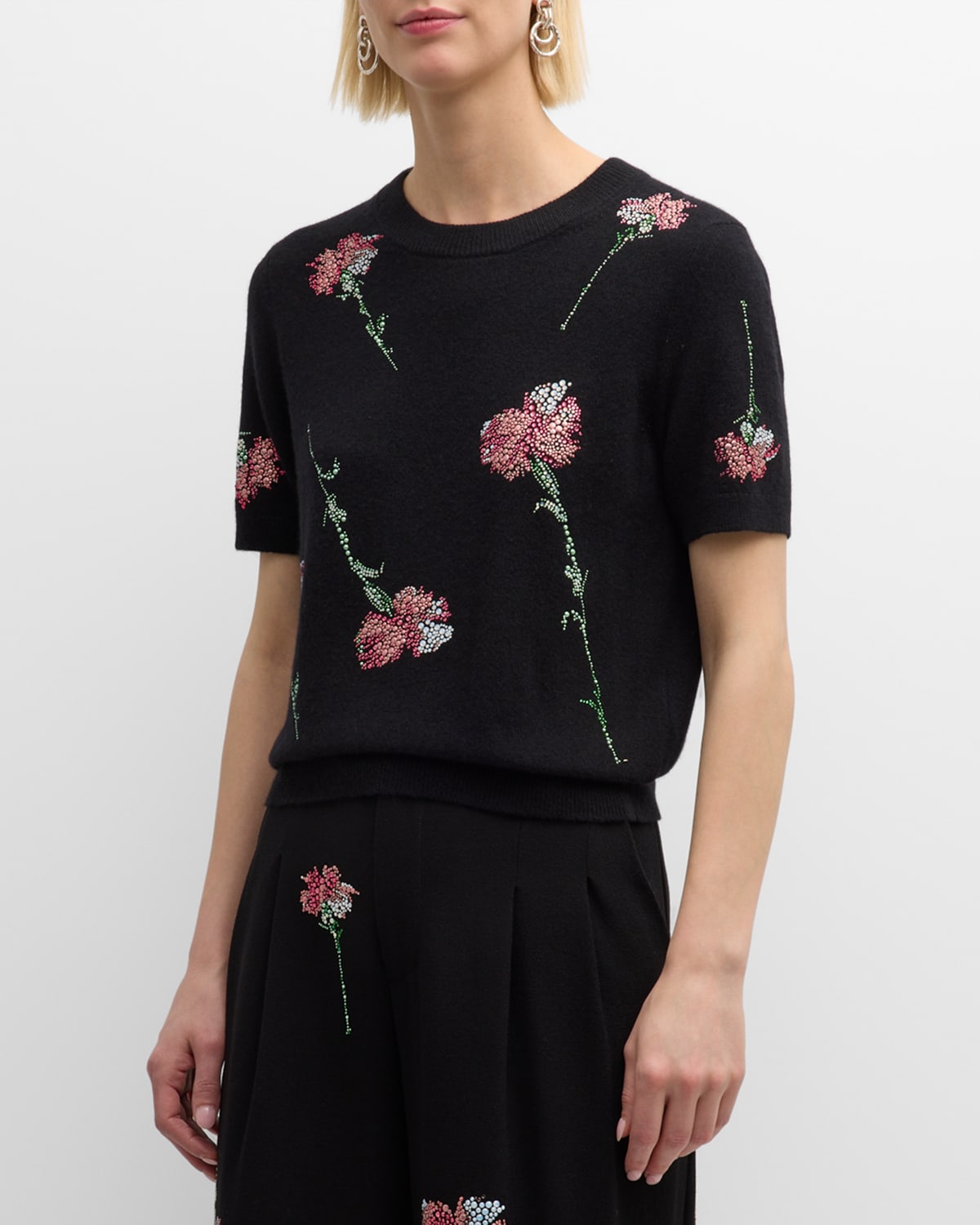 Cecil Beaton Pink Carnation Short-Sleeve Cashmere Pullover