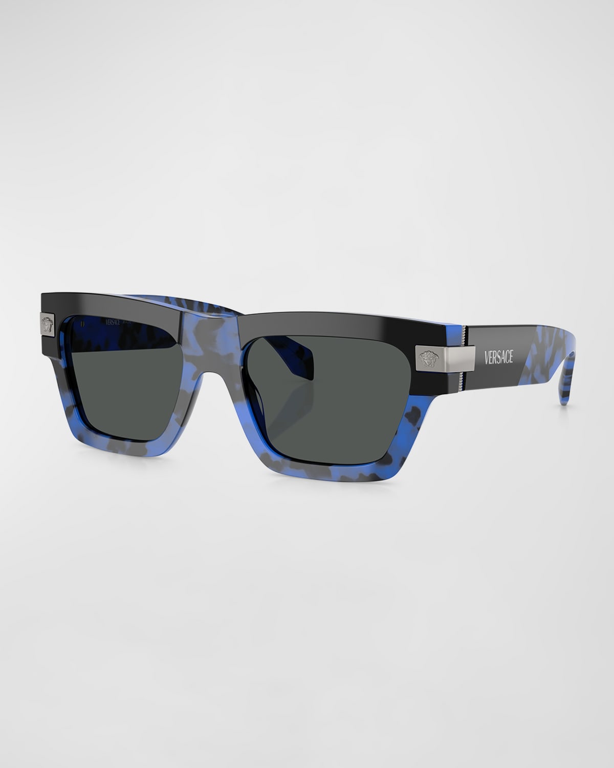 Shop Versace Men's  Plaque Acetate Rectangle Sunglasses In Hava Blue