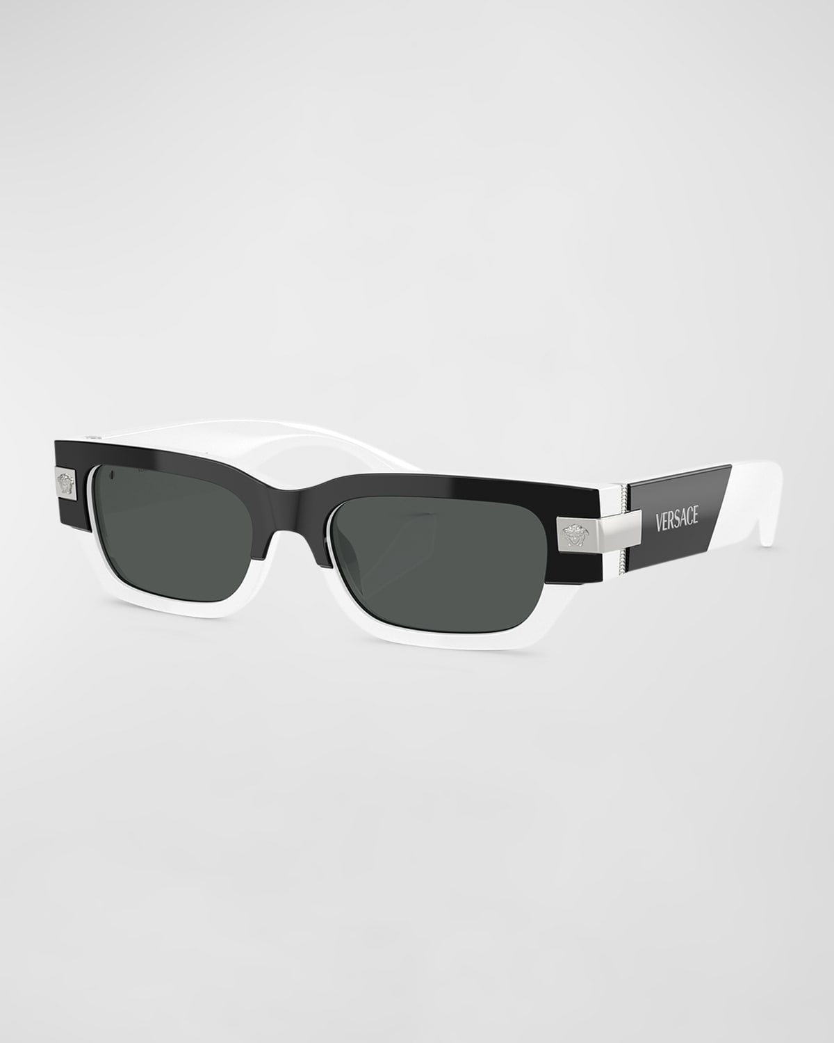 Shop Versace Men's  Plaque Rectangle Sunglasses In Black White