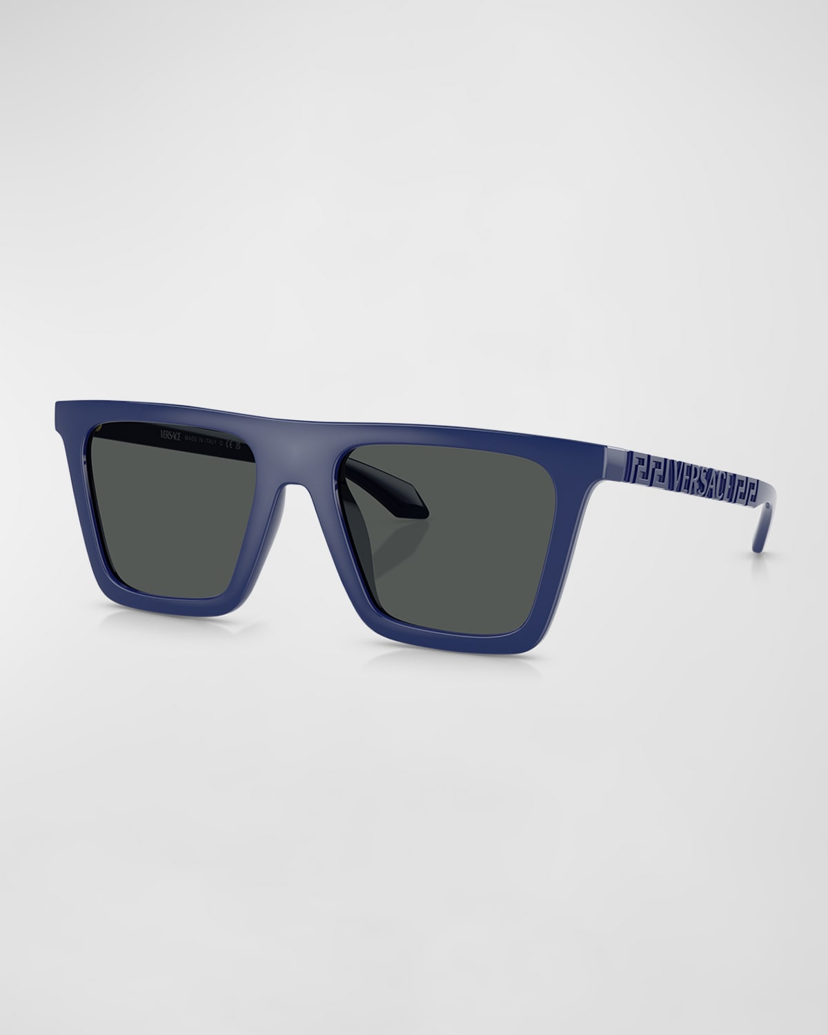 Shop Versace Men's Greca Logo Nylon Square Sunglasses In Blue Grey