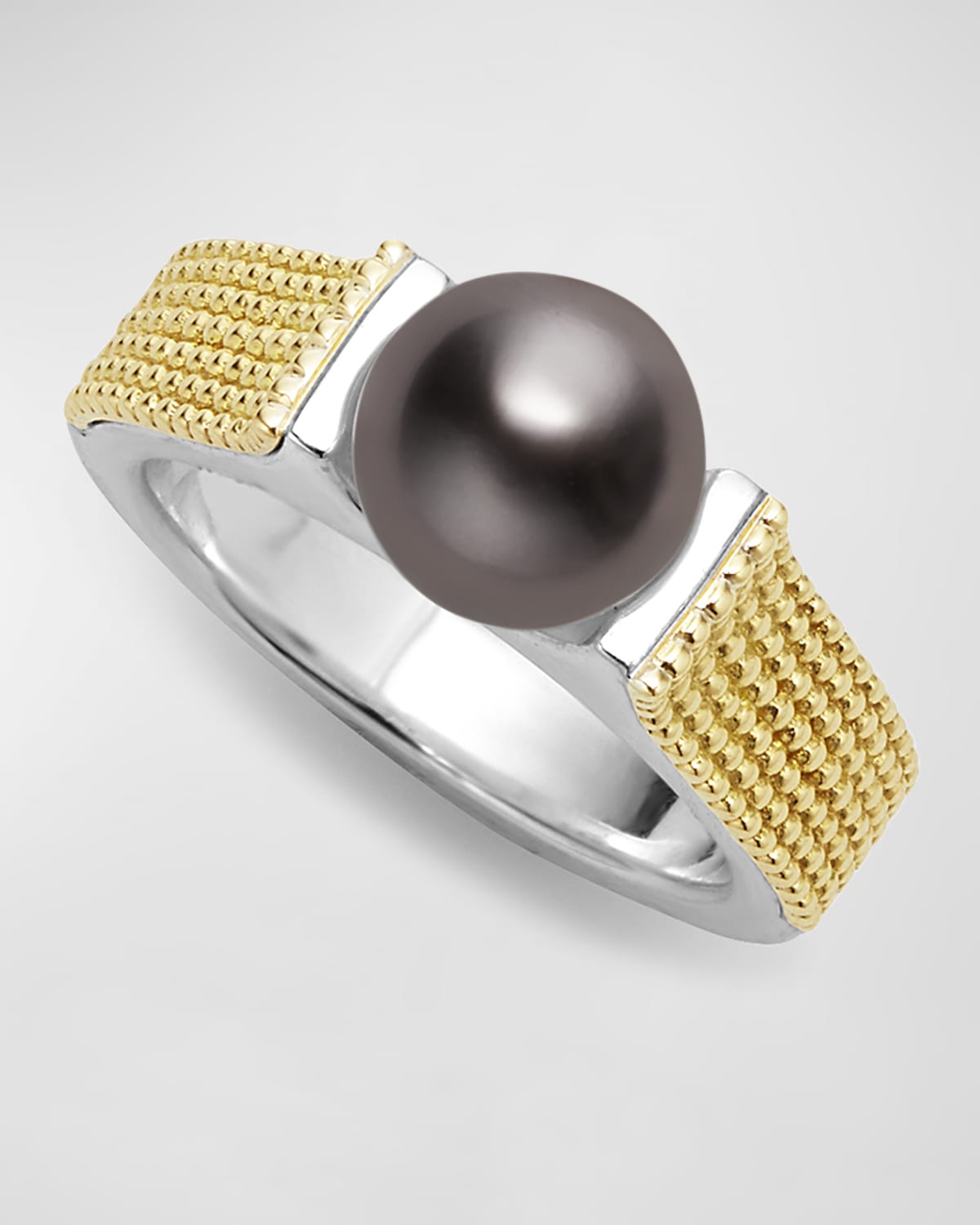 Sterling Silver 18K Luna Black Pearl Lux 8mm Caviar Statement Ring, Size 7