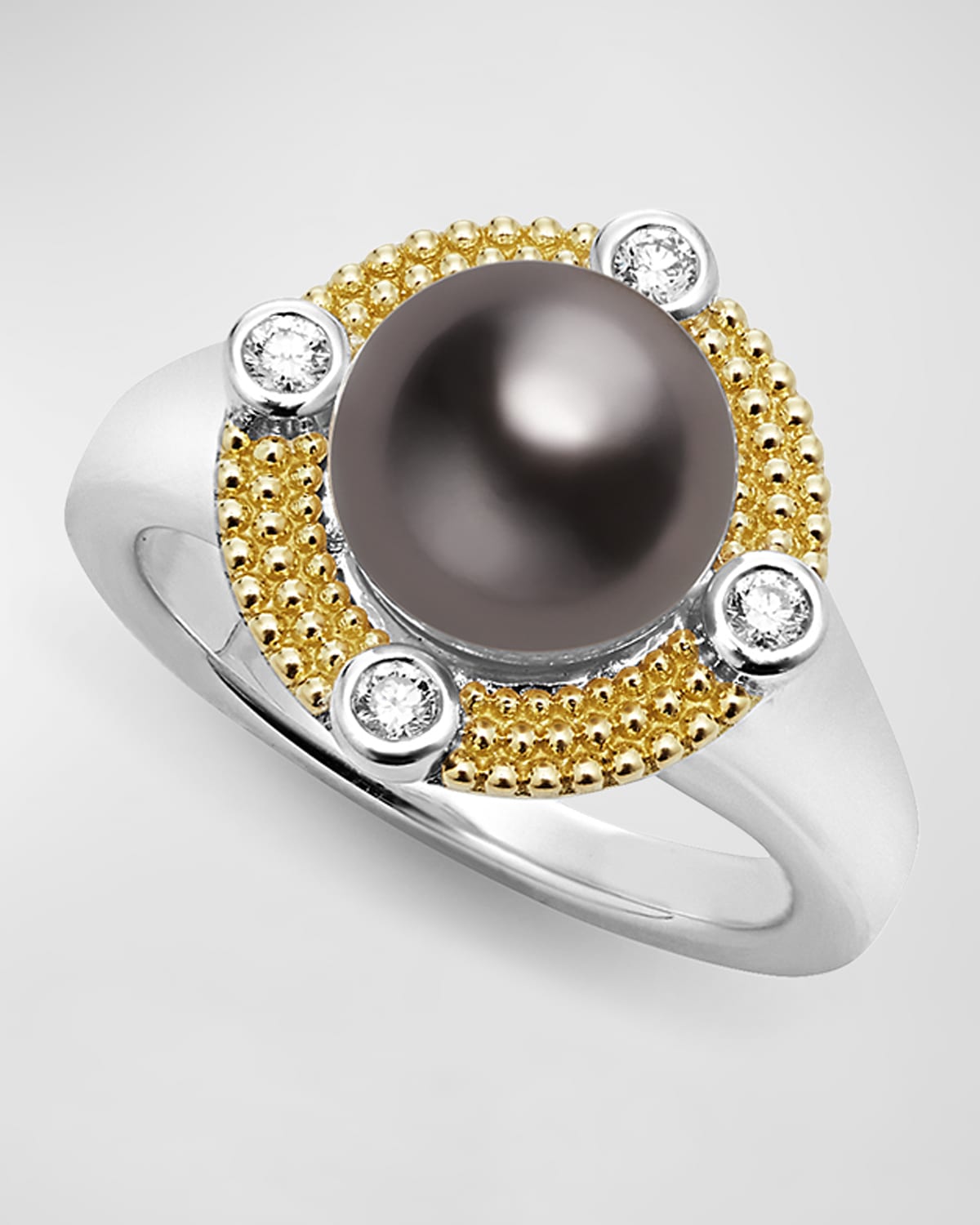Sterling Silver and 18K Luna Black Pearl Lux with Diamonds Ring, Size 7