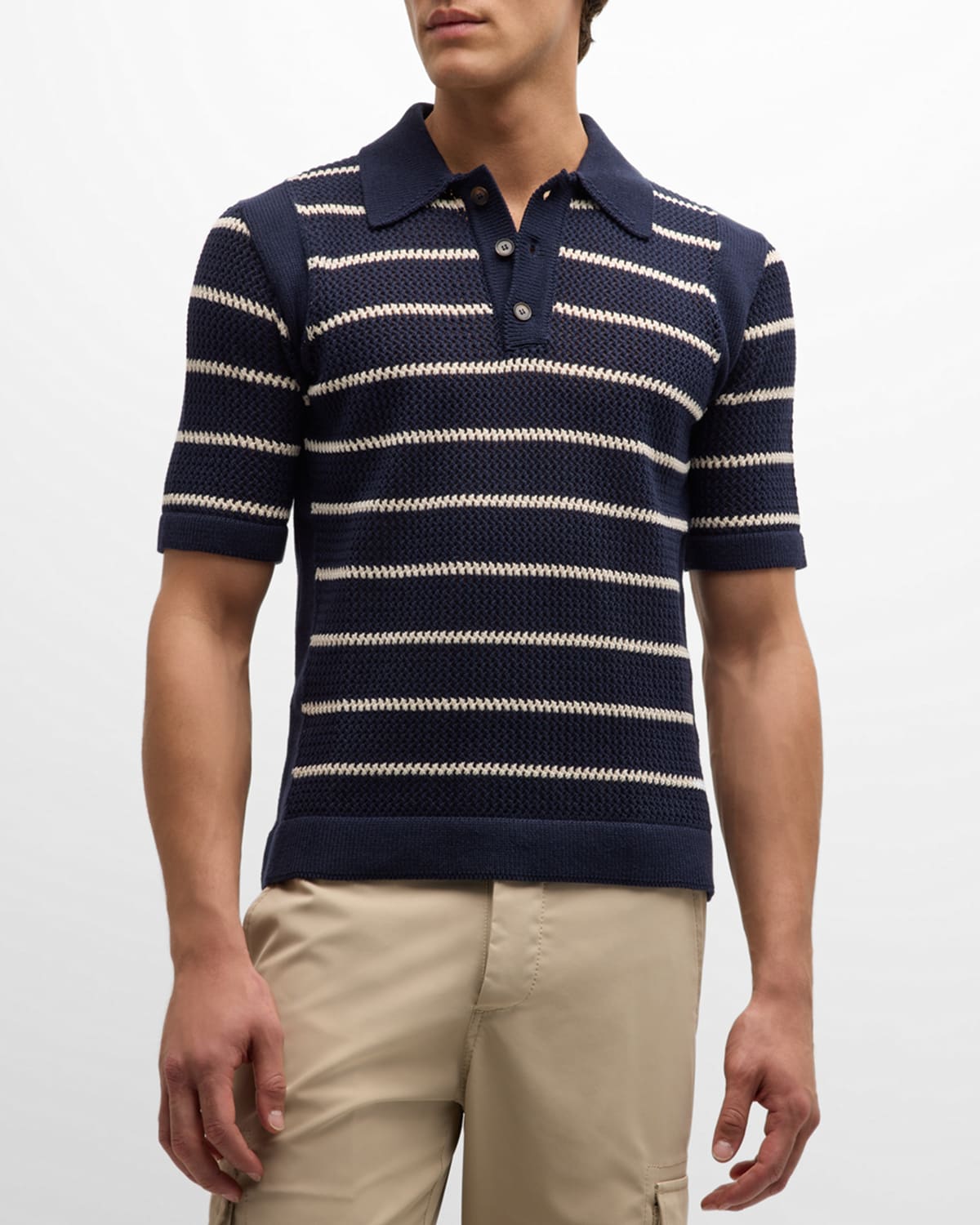 Shop Teddy Vonranson Men's Openwork Striped Polo Shirt In Navy/cream