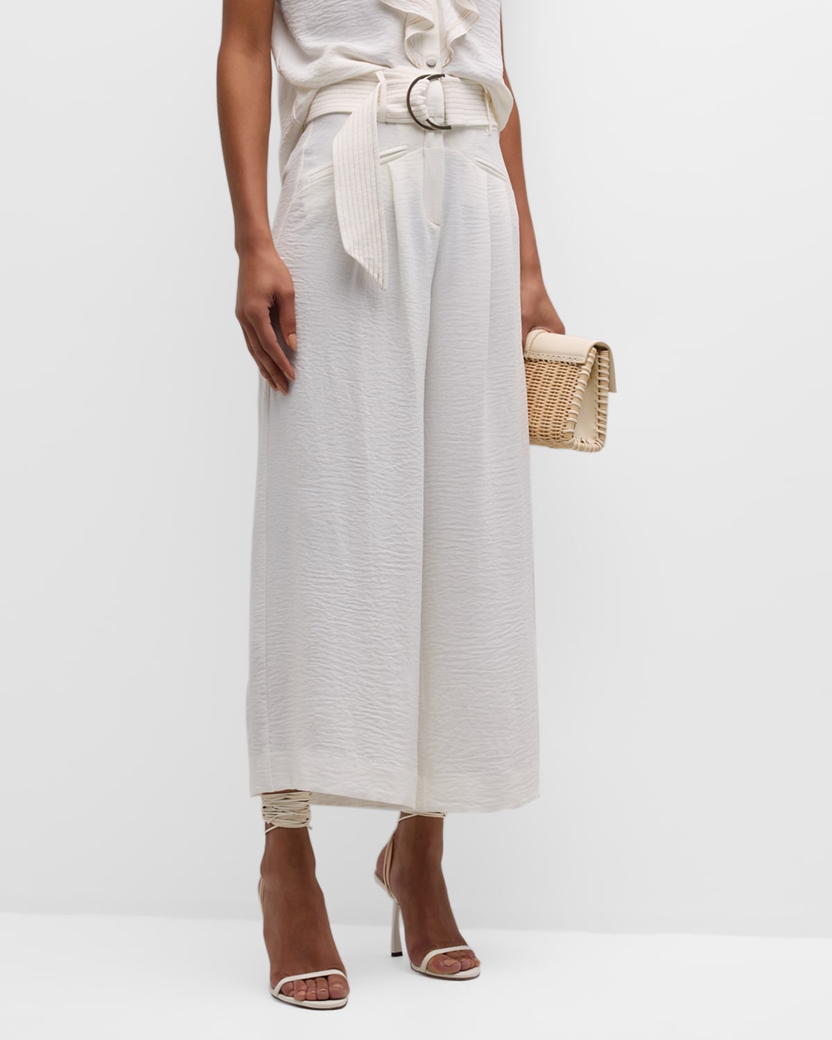 Shop Ramy Brook Marguerite Belted Cropped Pants In Ivory