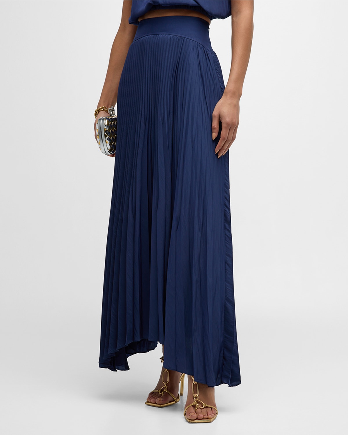 Shop Ramy Brook Winifred Pleated Asymmetric Skirt In Spring Navy