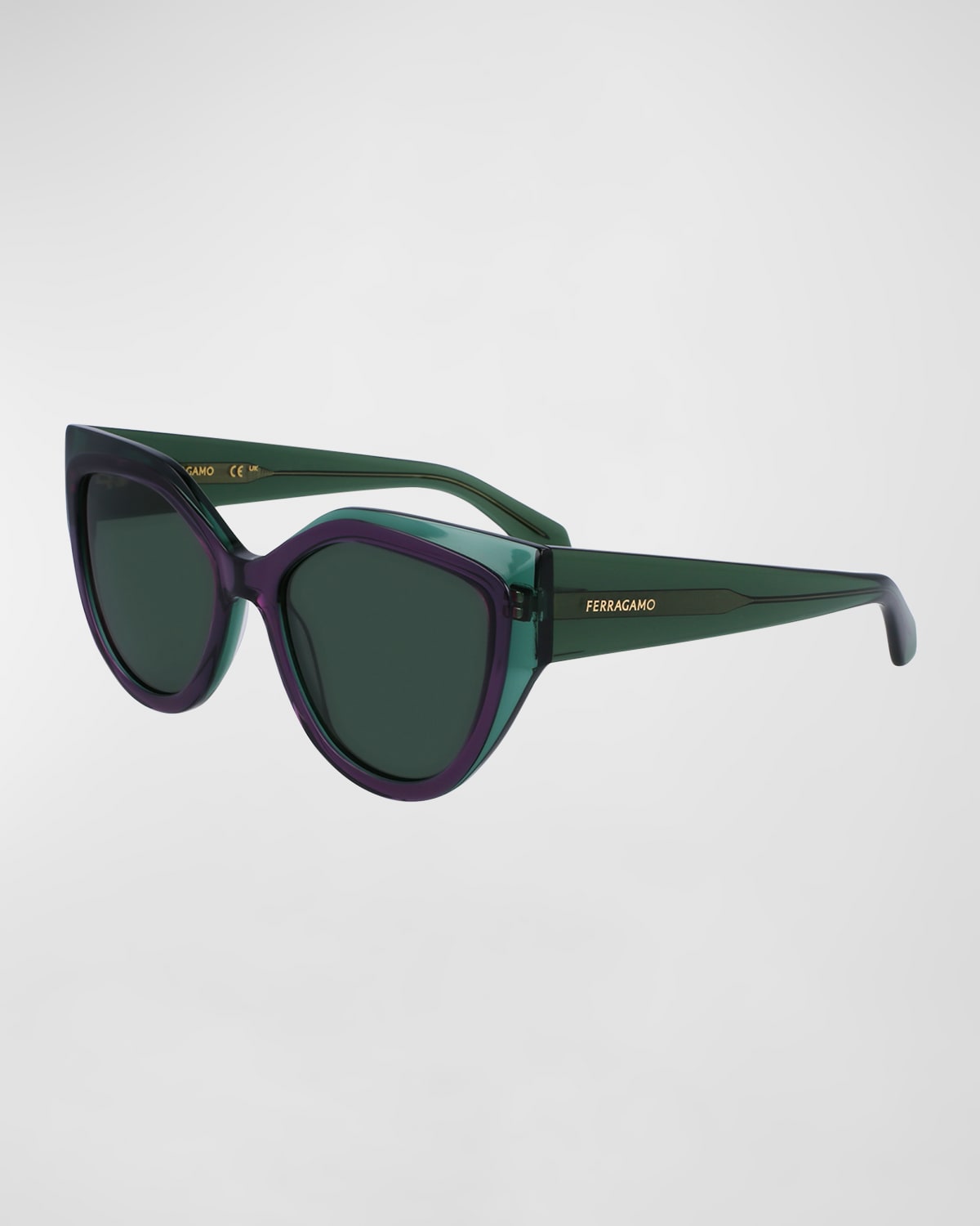 Shop Ferragamo Classic Logo Acetate Cat-eye Sunglasses In Transparent Green/violet