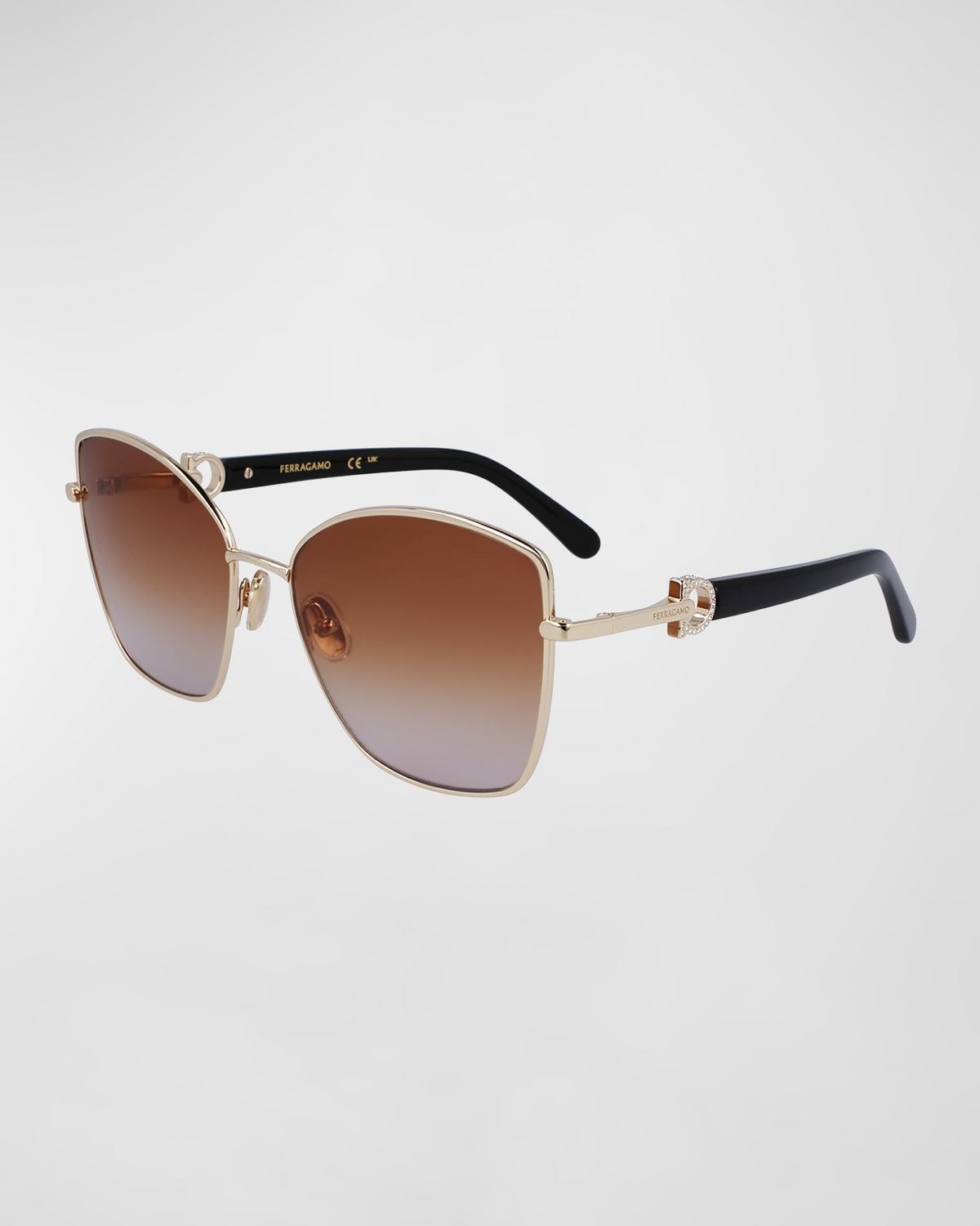 Shop Ferragamo Embellished Gancini Metal Cat-eye Sunglasses In Gold/brown Gradient
