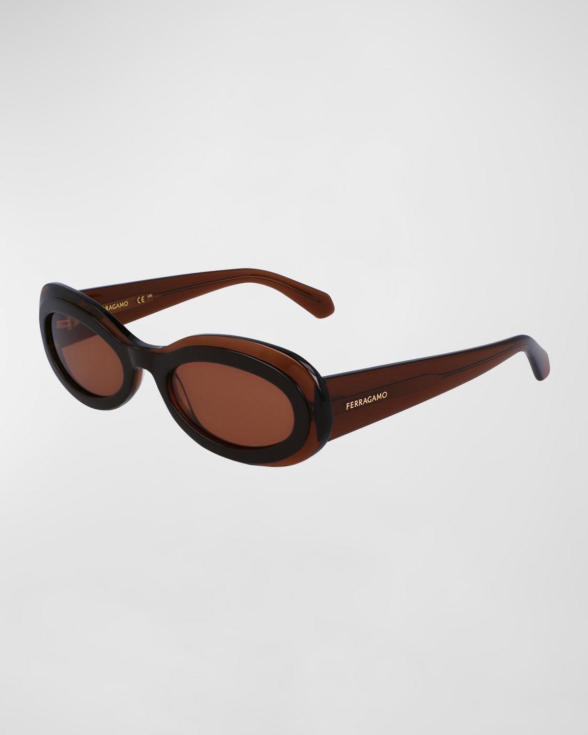 Shop Ferragamo Classic Logo Acetate Oval Sunglasses In Transparent Brown/brown