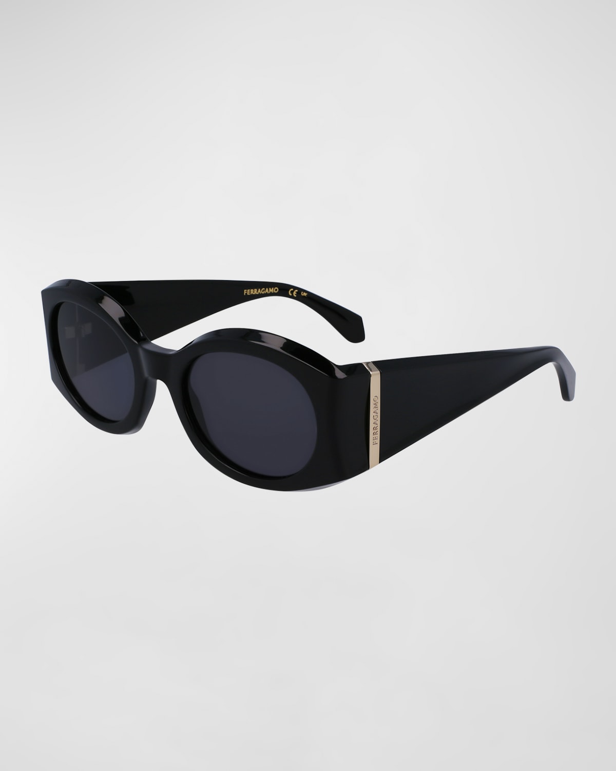 Shop Ferragamo Sculptural Plastic Oval Sunglasses In Black