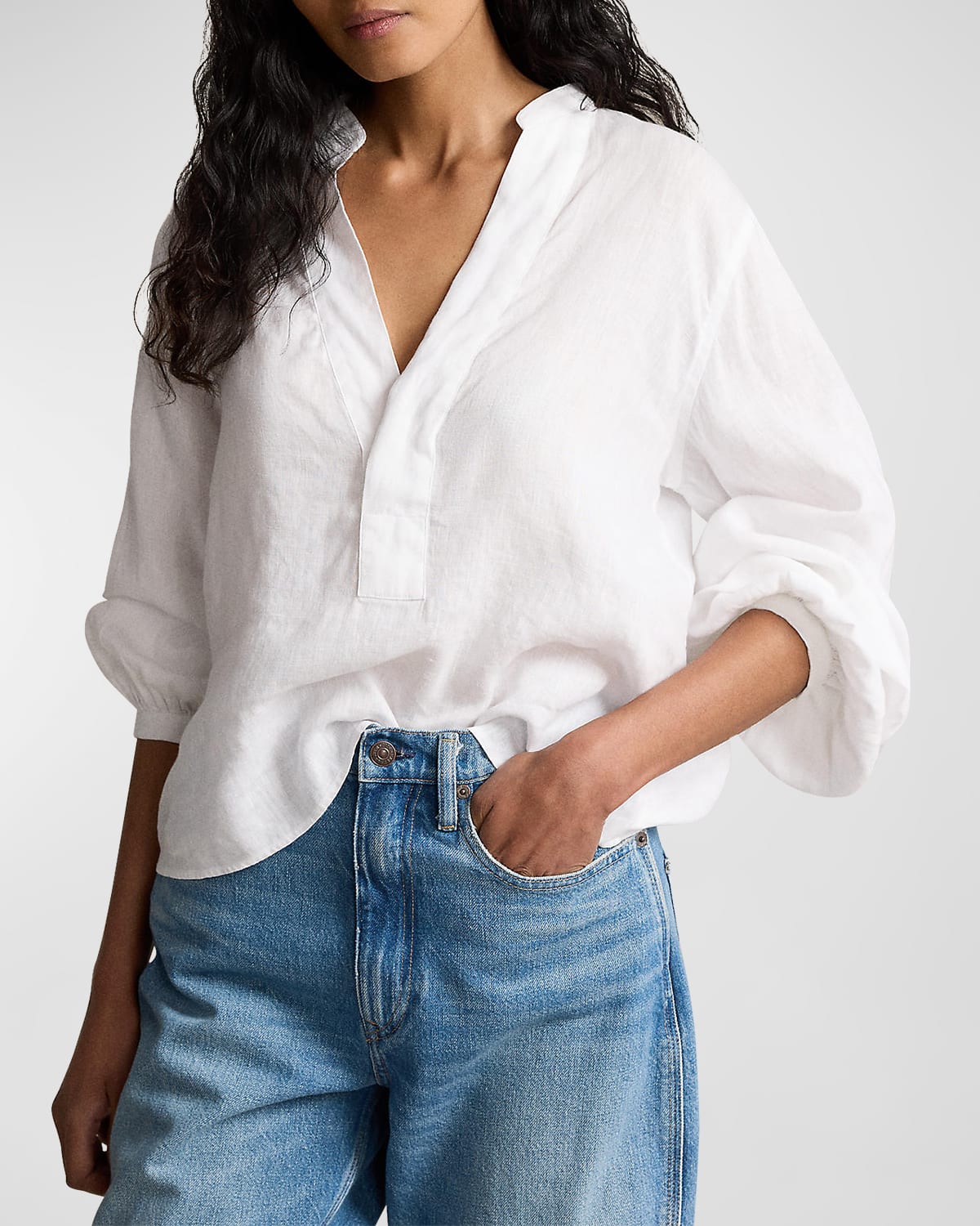 Shop Polo Ralph Lauren Blouson-sleeve Linen Blouse In White