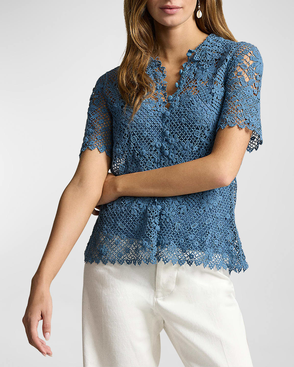 Shop Polo Ralph Lauren Floral Cotton Lace Blouse In Channel Blue