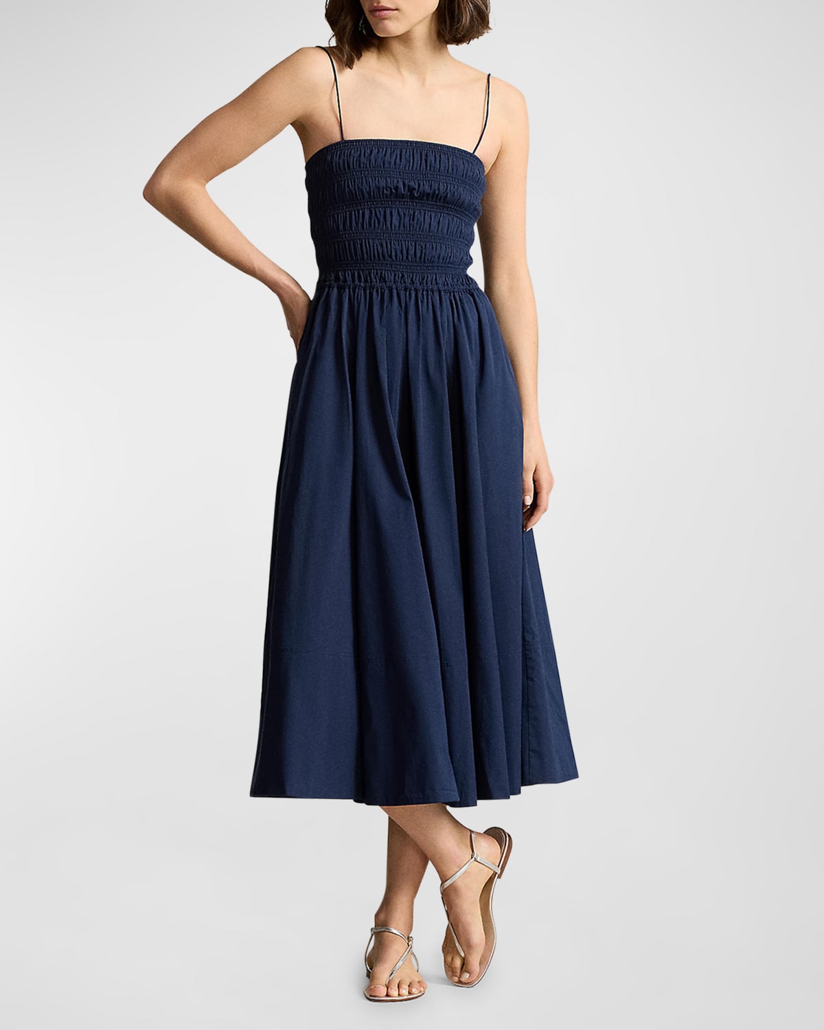 Shop Polo Ralph Lauren Smocked Cotton Midi Dress In Cruise Navy