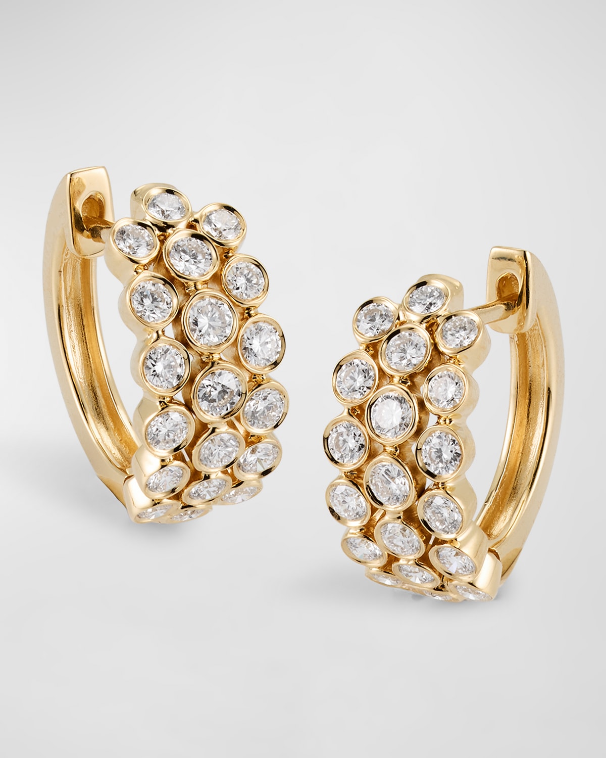 18K Yellow Gold 3-Row Diamond Bezel Huggie Hoop Earrings