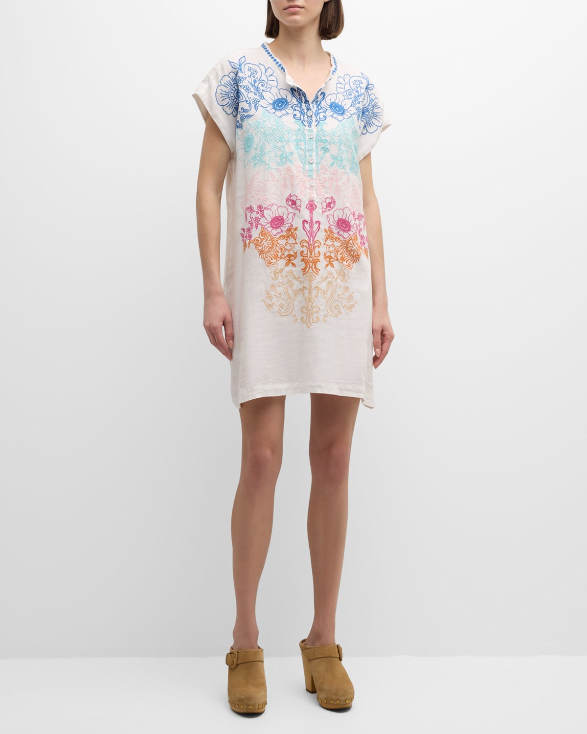 Mishti Floral-Embroidered Linen Mini Dress