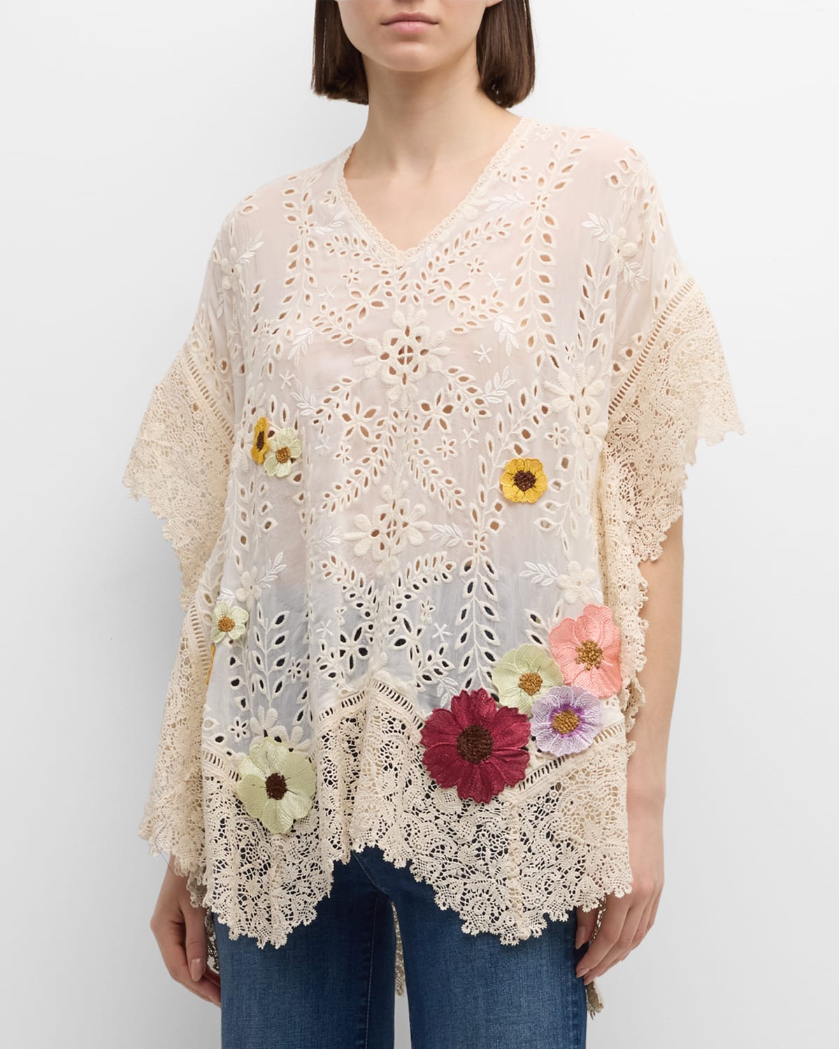 Johnny Was Ferney Eyelet Floral-embroidered Poncho In Neutral