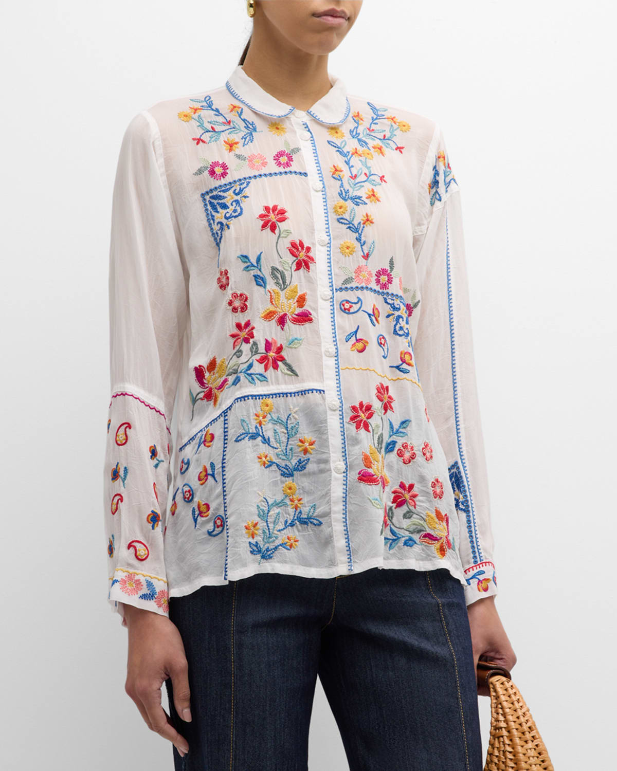 Shop Johnny Was Zodea Floral-embroidered Eyelet Top In White