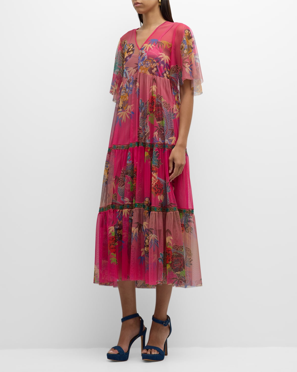 Mazzy Tiered Floral-Print Mesh Midi Dress