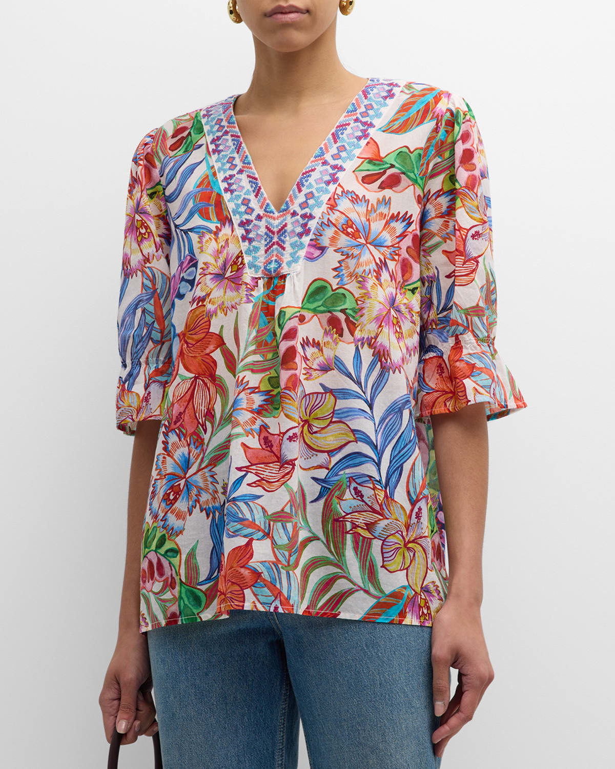 Johnny Was Easy Field Embroidered Floral-print Blouse In Multi