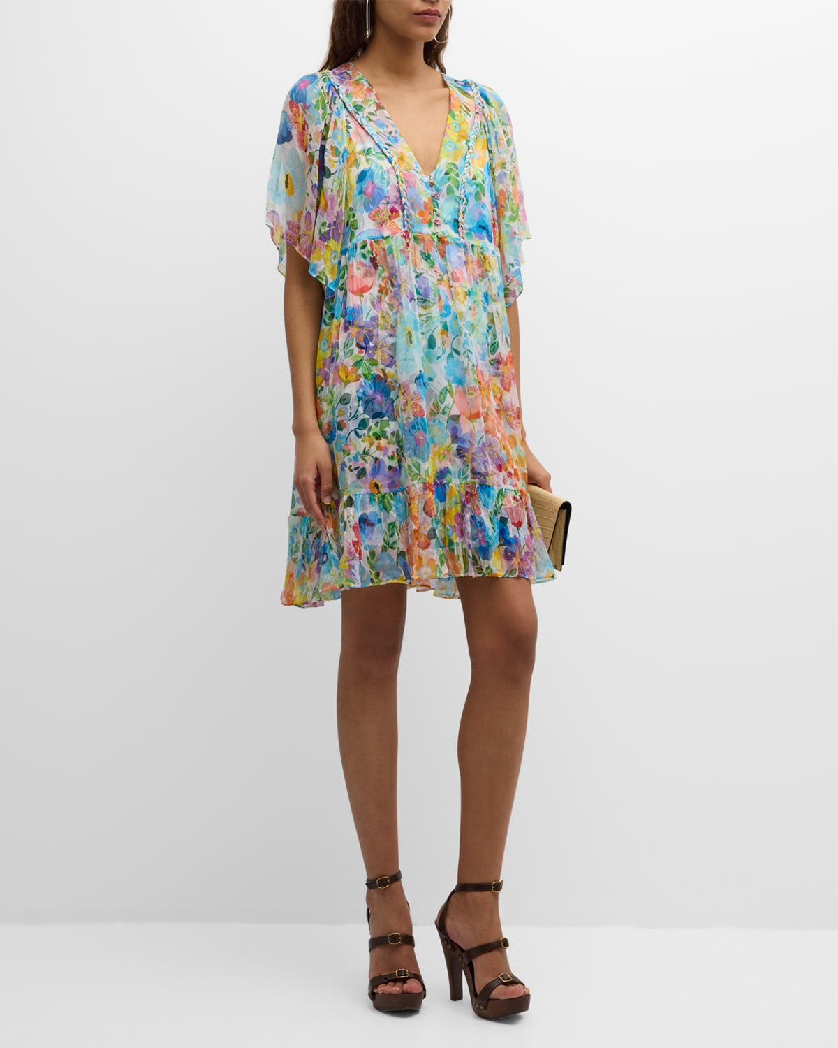 Johnny Was Margaret Flounce Floral-print Chiffon Dress In Multi