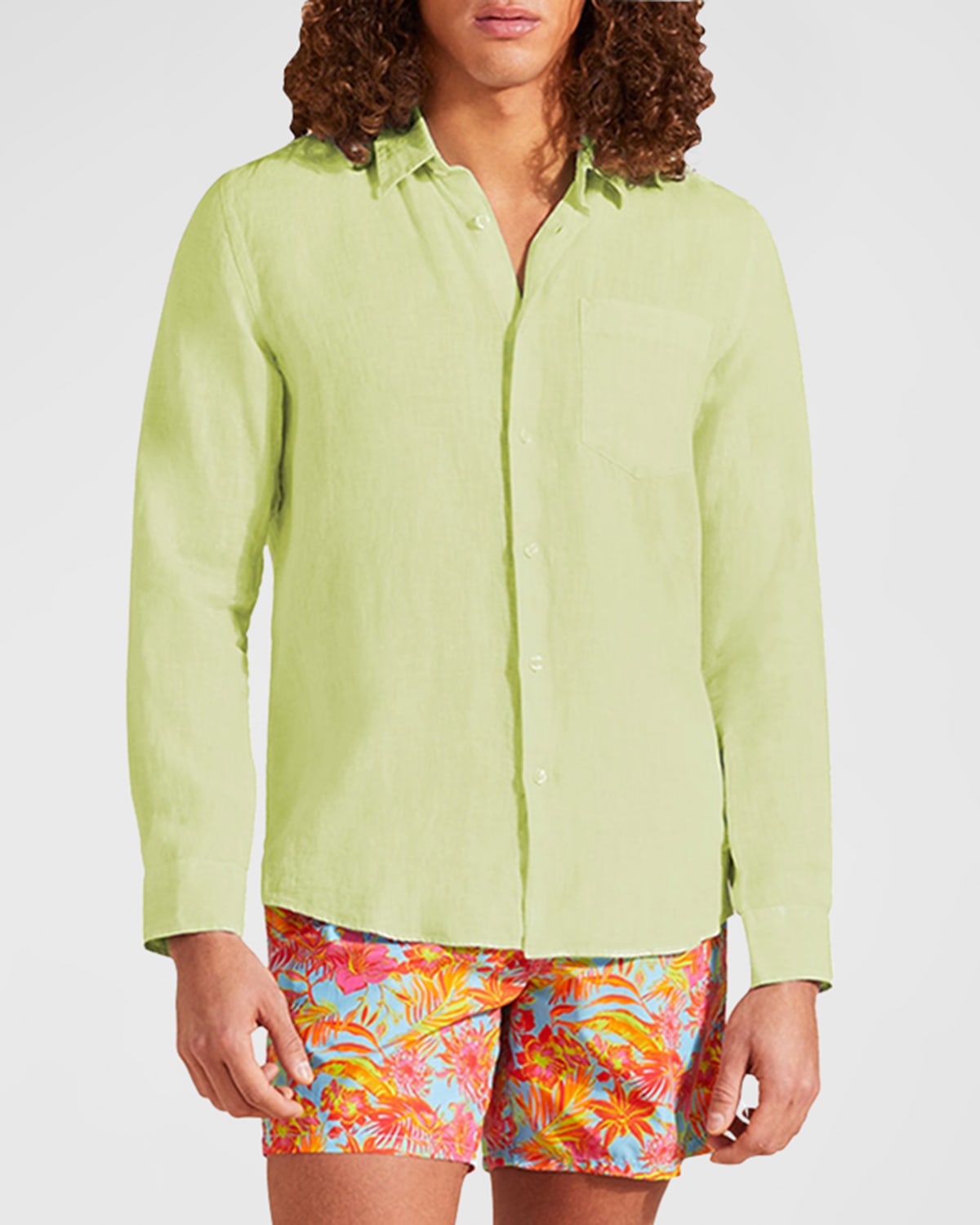 Shop Vilebrequin Men's Mineral-dyed Linen Shirt In Lemongrass