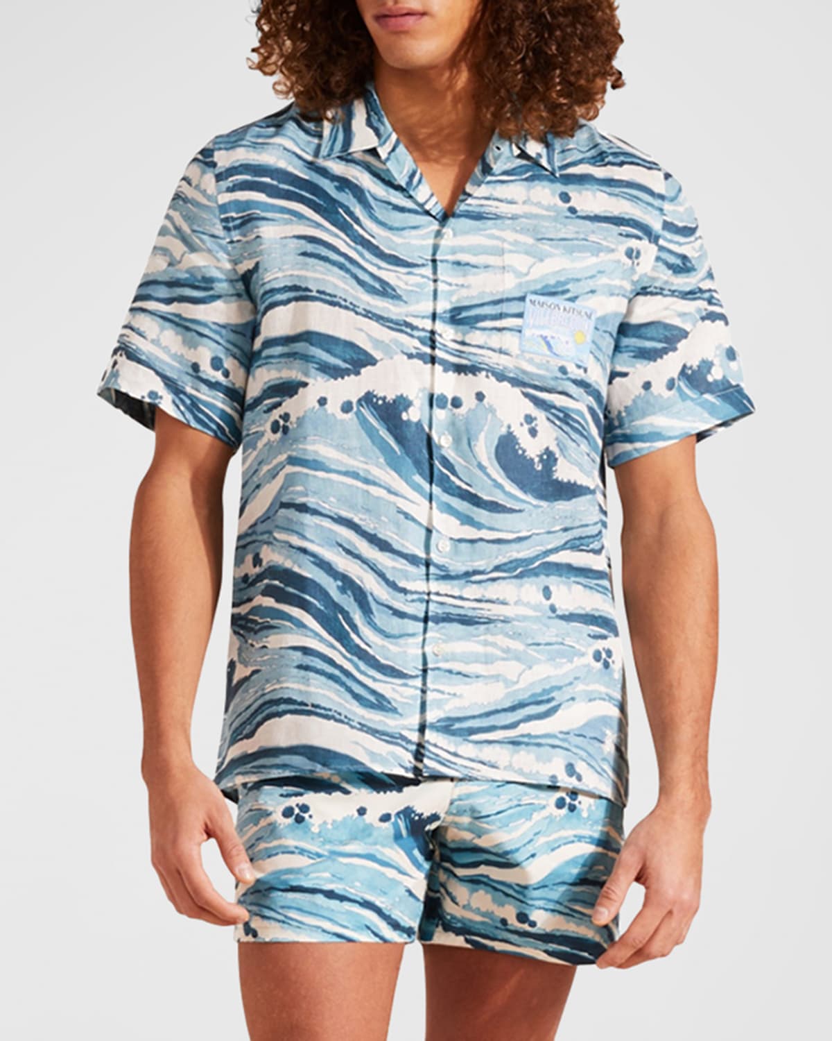 Shop Vilebrequin X Maison Kitsune Men's Wave Linen Shirt In Blue