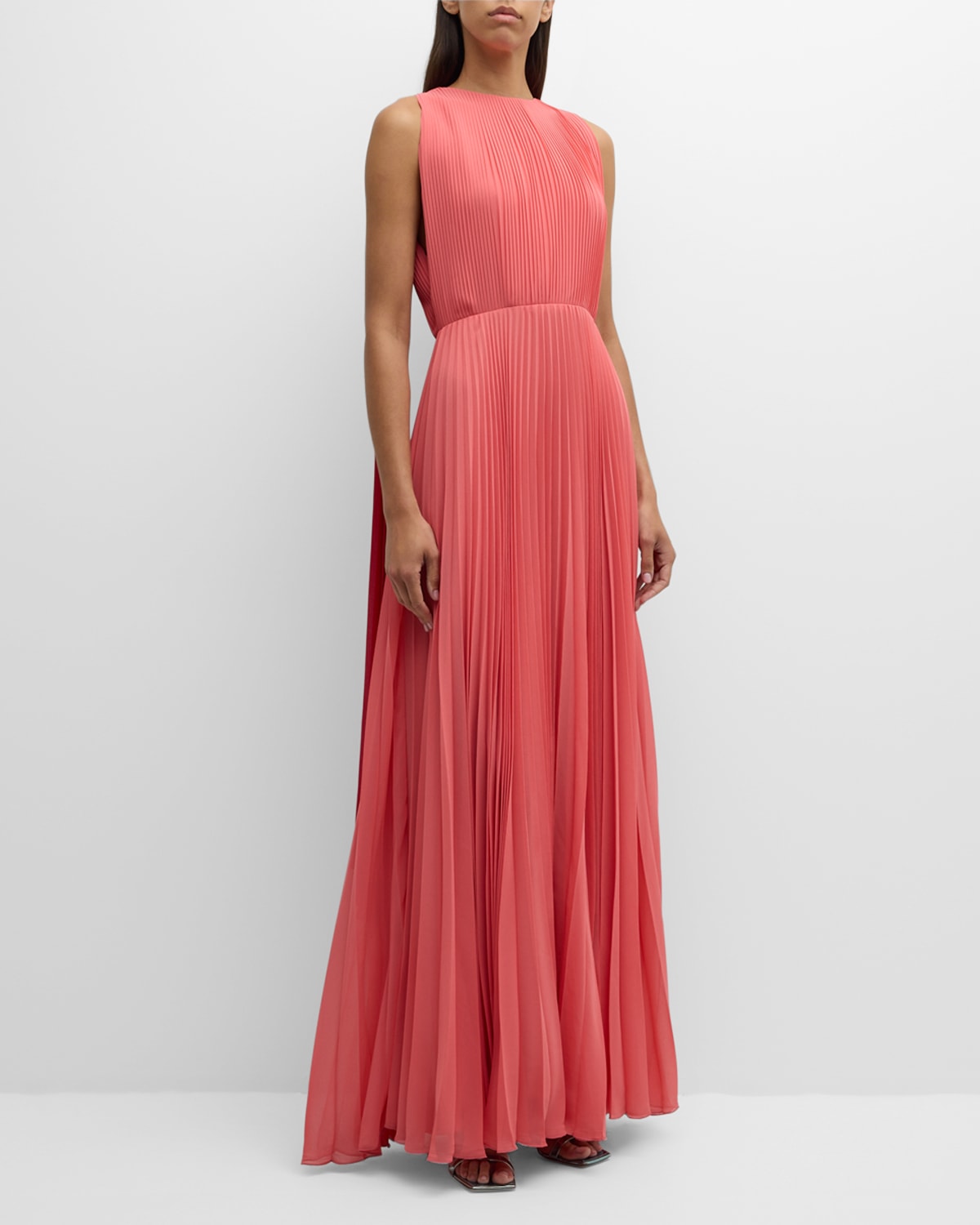 Shop E.stott Octavia Pleated Draped A-line Gown In Coral Red