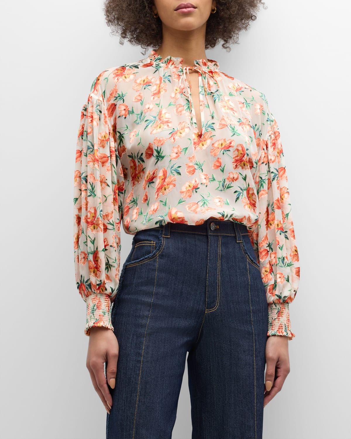 Shop Alice And Olivia Julius Voluminous Long-sleeve Floral Burnout Blouse In Falling For You Off White