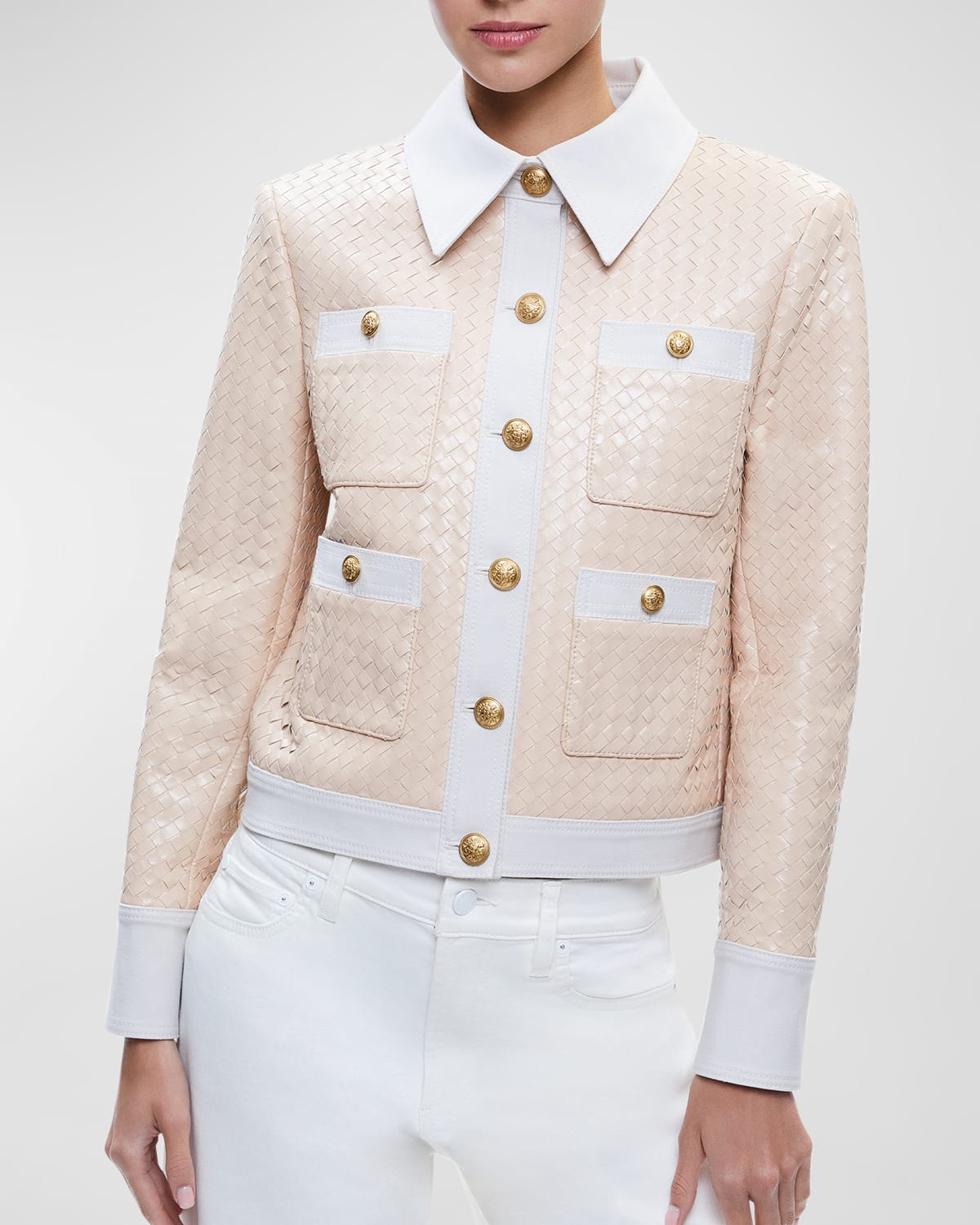 Shop Alice And Olivia Kinley Woven Vegan Leather Jacket In Almondoff White