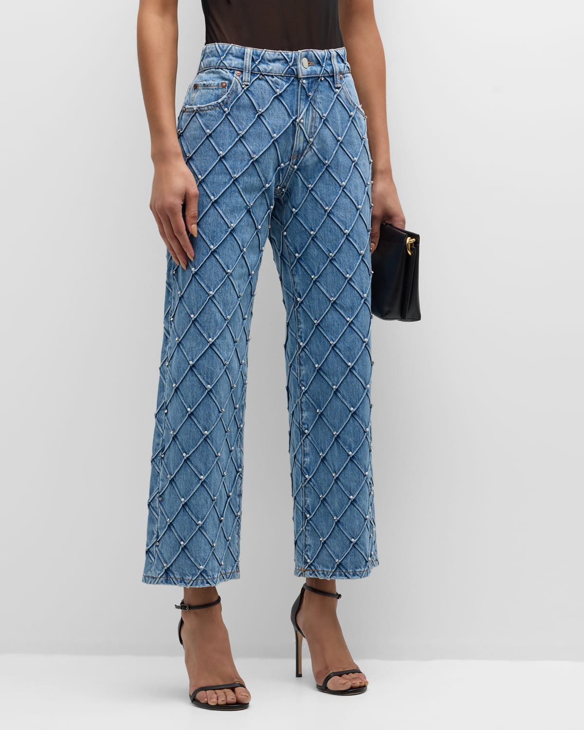 Shop Alice And Olivia Weezy Quilted Embellished Cropped Jeans In Light Indigo