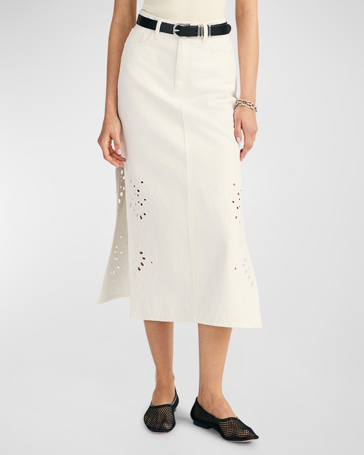 Shop Derek Lam 10 Crosby Violet Eyelet Denim Midi Skirt In White Eyelet