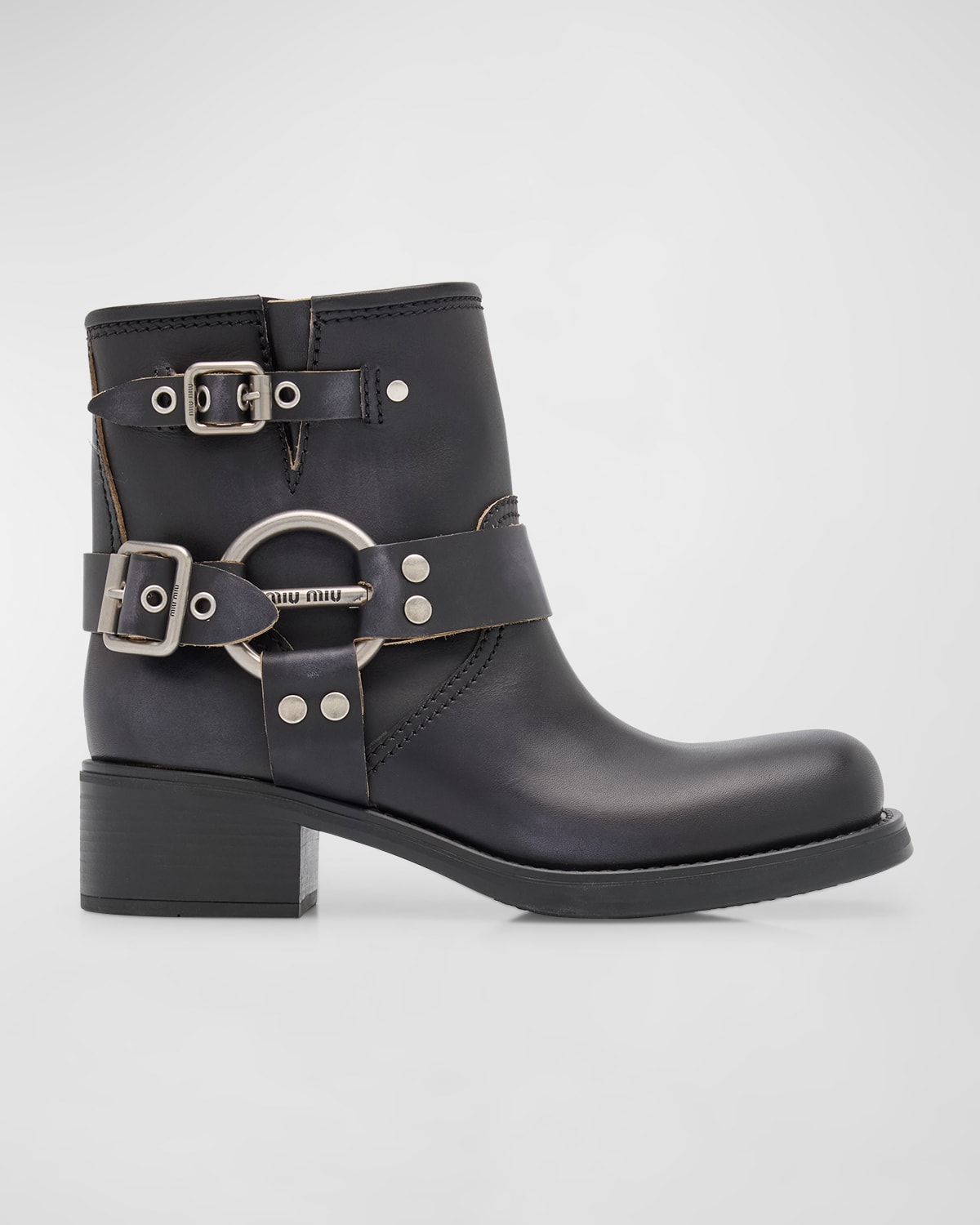 Miu Miu Leather Harness Buckle Biker Ankle Boots In Nero