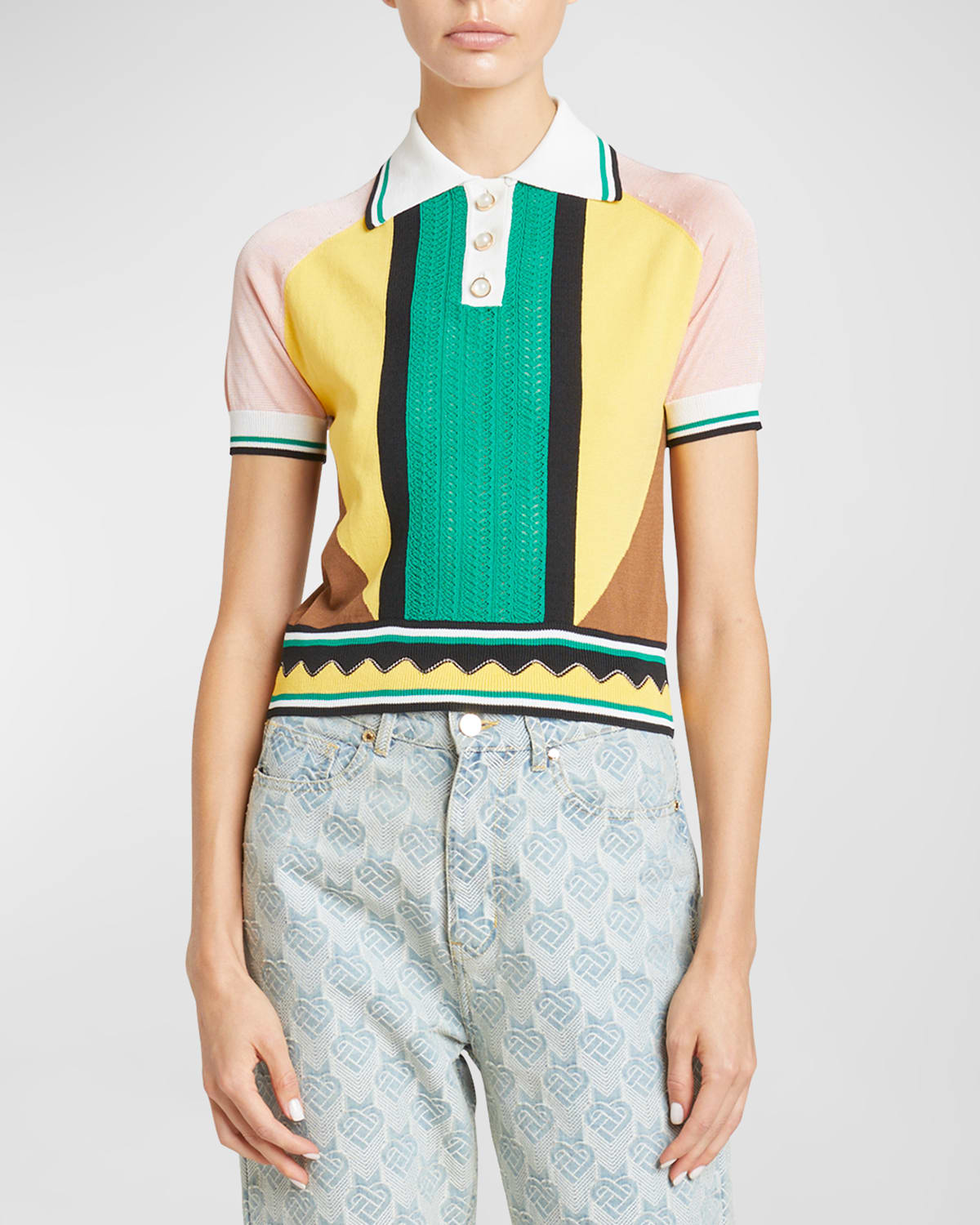 Shop Casablanca Patchwork Knit Short-sleeve Polo Shirt In Multi