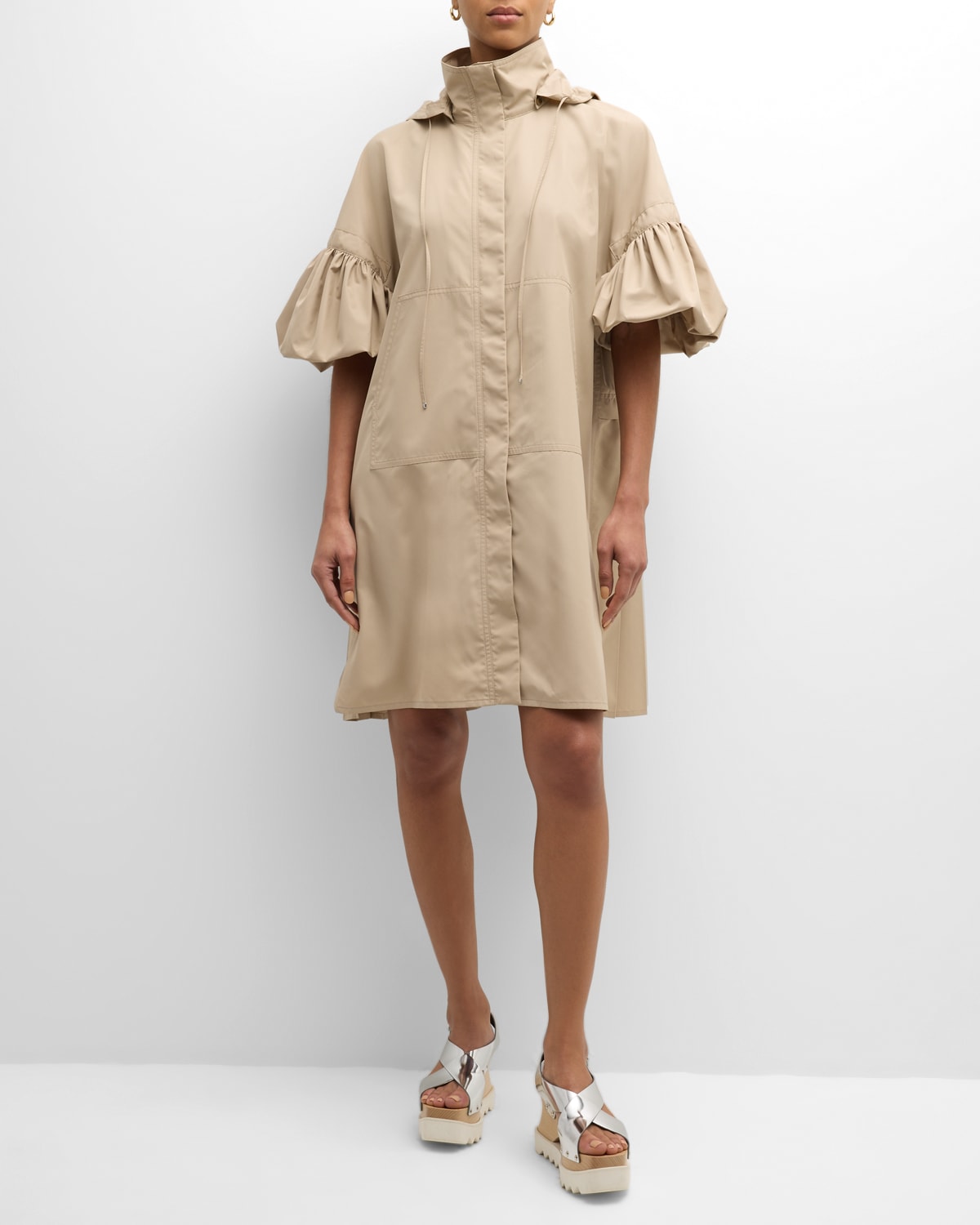 Alessandra Puff-Sleeve Pleated Coat With Detachable Hood